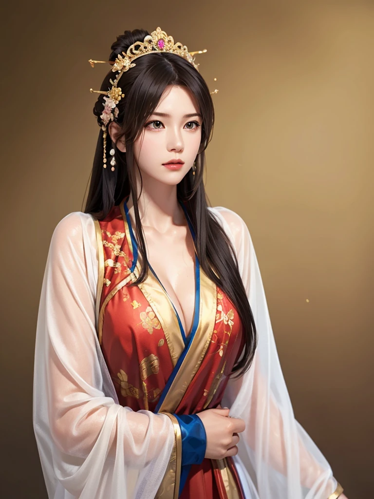 ancient chinese princess ， A girl wearing Hanfu, visual audience，,  beautiful girl 、Delicate body, Exquisite Eyes , Big 、Long hair,、Hair accessories Han Dynasty、Eternal,whole body、Lower Body，Three Kingdoms， (solid color background,,  simple background), Smoky environment, Adds a touch of mystery and drama to the scene. Soft and even lighting, Casts soft shadows, Create an atmosphere of seriousness and focus.