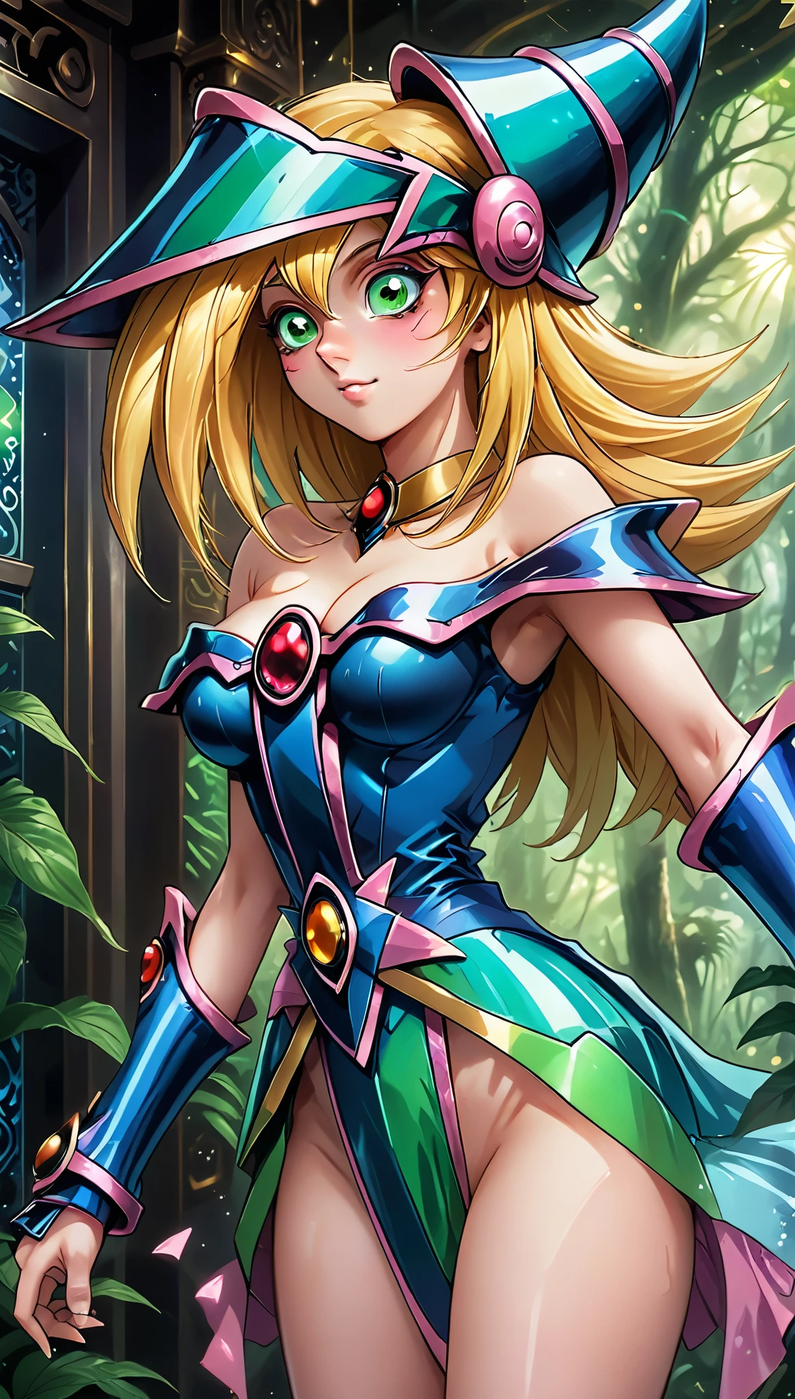 Dark Magician Girl NSFW, Glass Covered, Upper Body, Side Shot, Alternate Color, Masterpiece, Detailed Illustration, Realistic, Pixiv Top Quality, Exquisite, {{{Cute Dark Magician Girl 1}}}, Super Beauty Merging with machine, crafted shabby chic pattern, beautiful and shiny woman, half of my body is made of machine, transparent glass body, the machine inside is transparent, cinematic lighting, dynamic angle, dynamic pose, land of dragons, depth of field. Magic macaw at the bottom. Magic hearts showing your VOLUPTUOUS body, medium TITS, BEAUTIFUL, SENSUAL, BLUSHING from head to toe, WALK THROUGH a forest looking for adventure, smile sexy, blonde hair INTERACTING WITH green neon MAGIC
