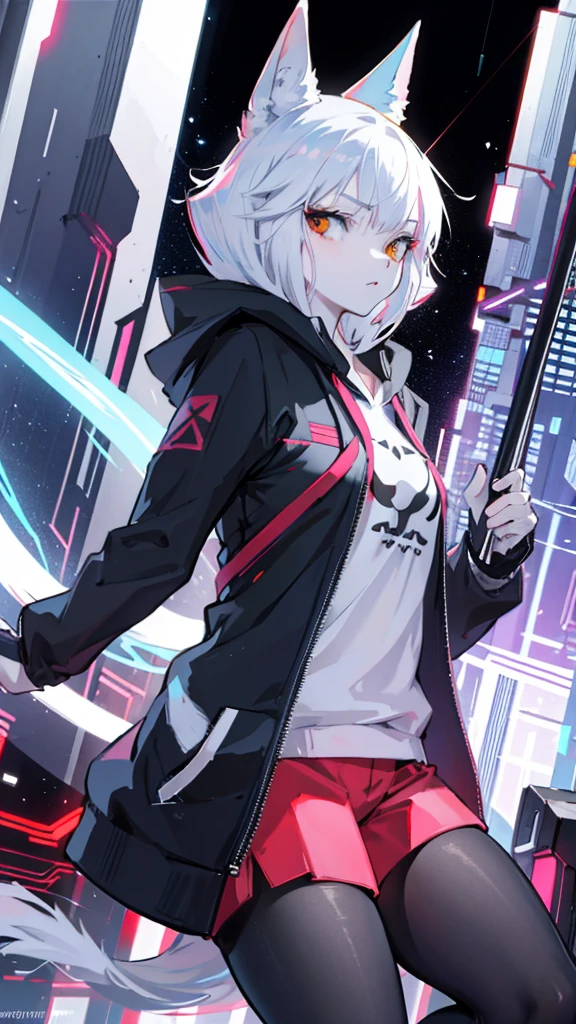 White cat, cat wearing a hoodie,Night City,Future City, Cyberpunk, black hoodie, Kampala,  bob cut,Shiny fur,Odd Eye,Mysterious , bust shots,delicate, Wearing a Hood ,Looking up