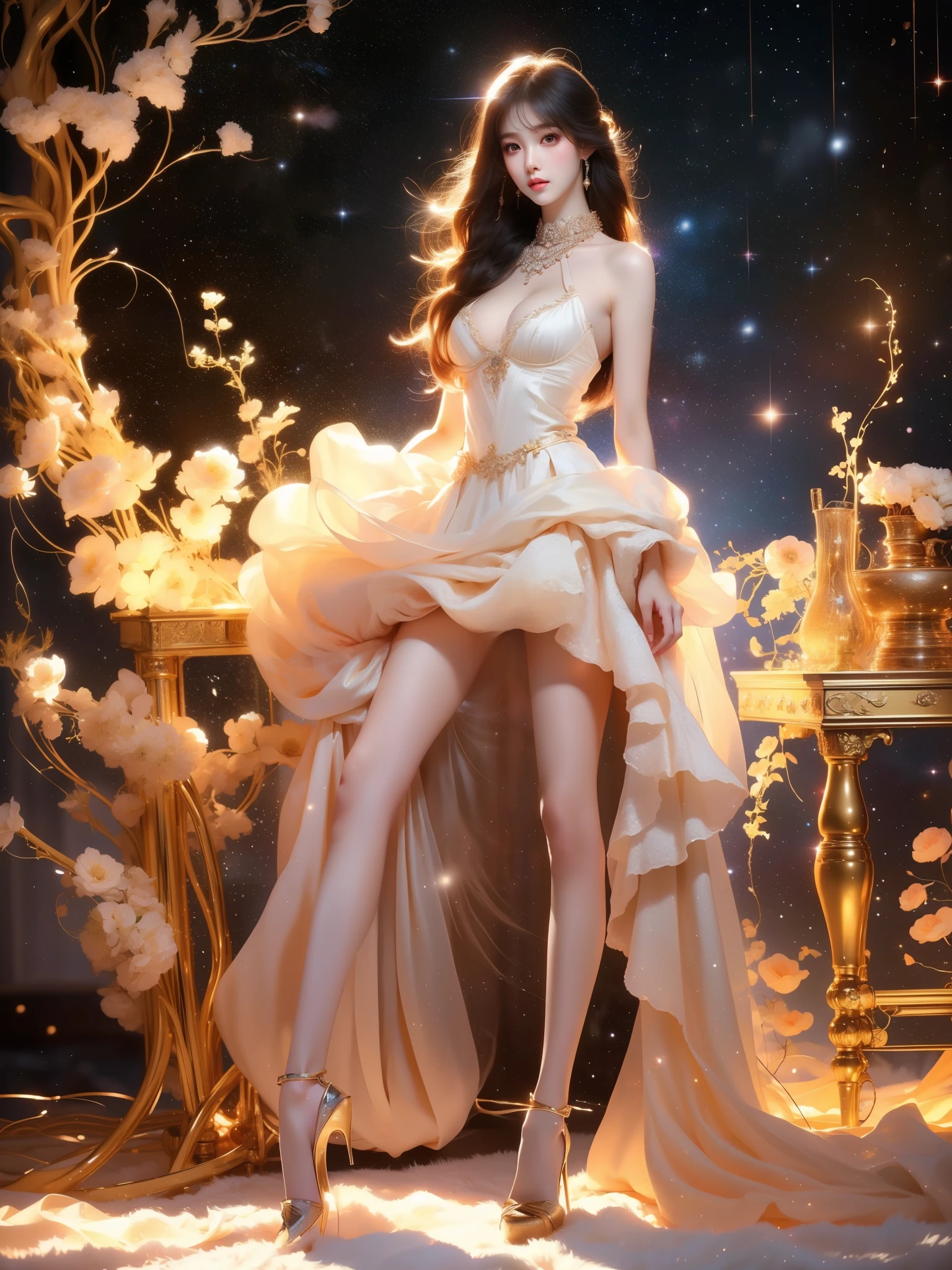 1girl, delicate face, white skin ,((full body)), (Asian beauty: 1.3), girl, solo, (toned body: 1.2) (naturally large breasts: 1.1), (visible cleavage: 0.8) (smooth flawless skin: 1.2), (perfect anatomical proportions: 1.3) (Naturally comfortable posture: 1.4) (anatomically correct legs: 1.3), (elegantly long legs: 1.3) 1.1) Hands gently lift the skirt (detailed features: 1.2), (big bright eyes: 1.1), (long eyelashes: 1.1) charming smile, gentle and confident expression Head slightly tilted long flowing hair (night scene: 1.1), (starry sky: 1.0), (space background: 0.9) (professional soft light: 1.2), (warm tone: 1.1) (Masterpiece: 1.4), (Super Detail: 1.3), (Sharp focus: 1.2) (Realistic: 1.2), (Hi-Fi: 1.1)