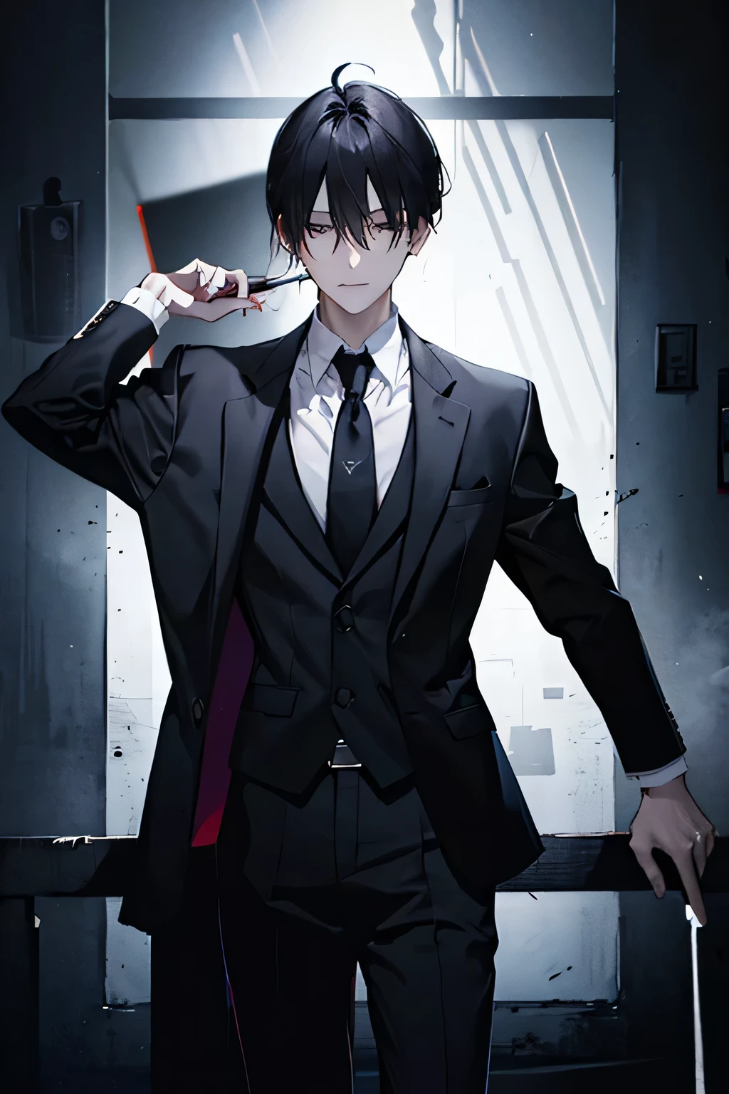 Black hair, small low ponytail, office suit, Dark circles, pale skin, Have bangs, cool smile , cool atmosphere, scary aura , black eyes , male, carrying a cigarette pack, Psychopath , Discouragement
