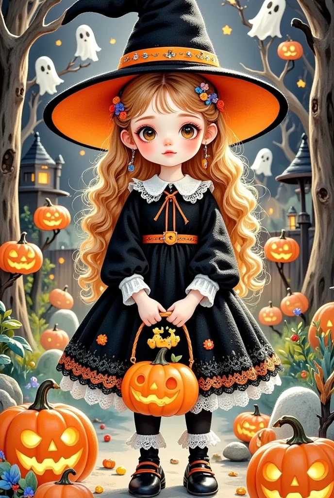 一个穿着巫婆服装的卡通女孩，cartoon girl in a witch costume with pumpkins and candy in her hands , Witch Girl,  Halloween art style , Bright witch, Halloween style, portrait of a young Witch Girl, Trick or Treat, Candy Girl, Lovely detailed digital art,  Brightly colored illustrations , Halloween theme, Witch clothes, Witch fairy tale, 🍂 Lovely, Lovely illustration, Lovely art style, Lovely digital art