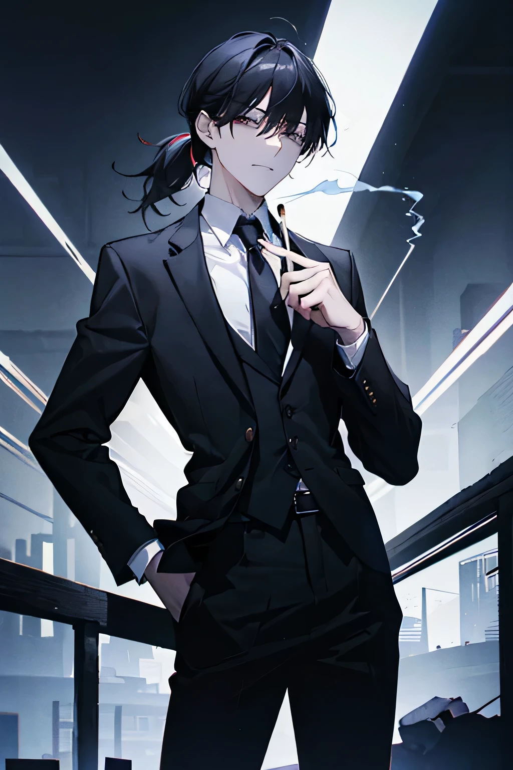 Black hair, small low ponytail, office suit, Dark circles, pale skin, Have bangs, cool smile , cool atmosphere, scary aura , black eyes , male, carrying a cigarette pack, Psychopath , Discouragement
