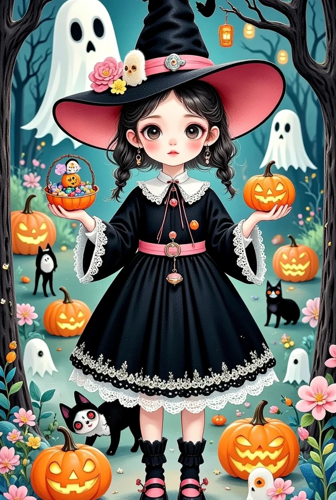  a cartoon girl in a witch costume，cartoon girl in a witch costume with pumpkins and candy in her hands , Digital Art by Kanbun Master, tumblr, Digital Art, Witch Girl,  Halloween art style , Bright witch, Halloween style, portrait of a young Witch Girl, Trick or Treat, Candy Girl, Lovely detailed Digital Art,  Brightly colored illustrations , Halloween theme, Witch clothes, Witch fairy tale, 🍂 Lovely