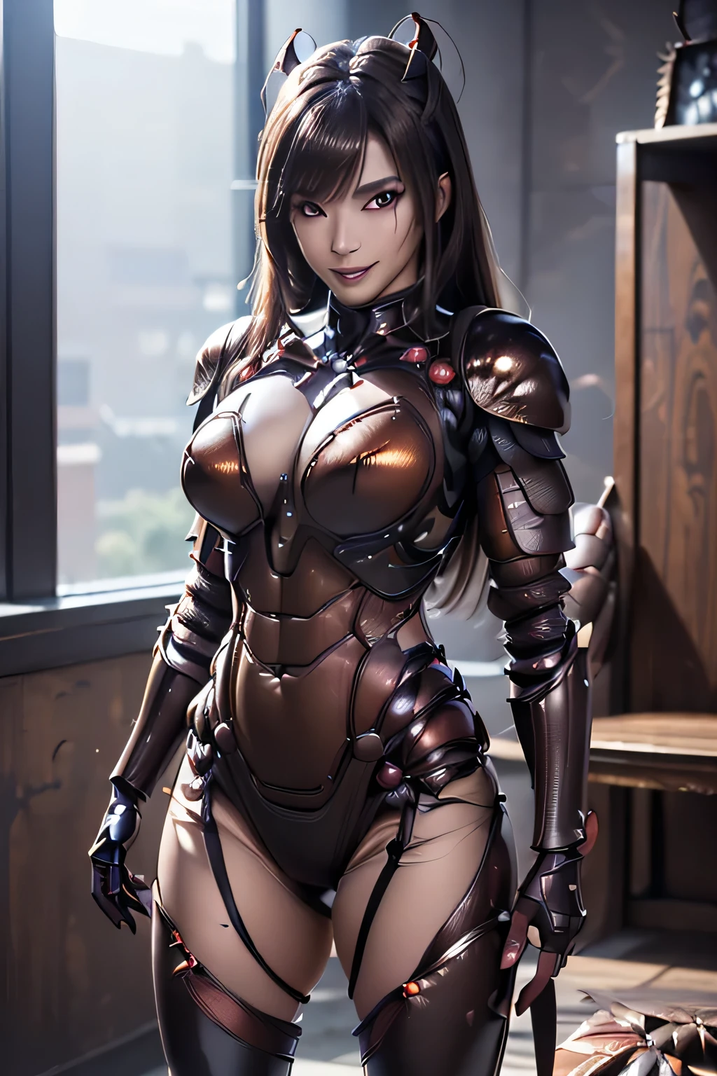 (high resolution,masterpiece,best quality,extremely detailed CG, anime, official art:1.4), realistic, photo, amazing fine details, all intricate, gloss and shiny,awesome many layers, 8k wall paper, 3d, sketch, kawaii, illustration,( solo:1.4), perfect female proportion,villainess, (fusion of dark brown cockroach and lady:1.4), (brown cockroach form lady:1.2), (brown cockroach lady:1.2), (fusion:1.2), (solo:1.4), (evil smile:1.2), muscular, abs, (cockroach brown exoskeleton bio insect suit:1.4), (cockroach brown exoskeleton bio insect armor:1.2), (brown transparency cockroach wing:1.4), (brown cockroach antennae:1.3),