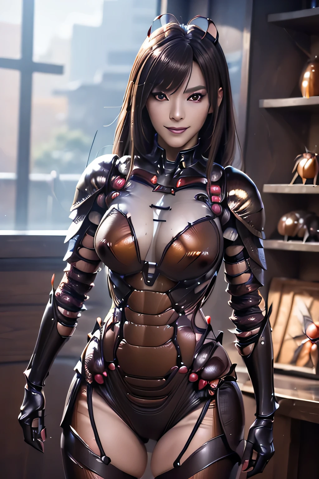 (high resolution,masterpiece,best quality,extremely detailed CG, anime, official art:1.4), realistic, photo, amazing fine details, all intricate, gloss and shiny,awesome many layers, 8k wall paper, 3d, sketch, kawaii, illustration,( solo:1.4), perfect female proportion,villainess, (fusion of dark brown cockroach and lady:1.4), (brown cockroach form lady:1.2), (brown cockroach lady:1.2), (fusion:1.2), (solo:1.4), (evil smile:1.2), muscular, abs, (cockroach brown exoskeleton bio insect suit:1.4), (cockroach brown exoskeleton bio insect armor:1.2), (brown transparency cockroach wing:1.4), (brown cockroach antennae:1.3),