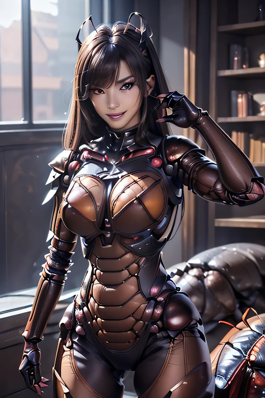 (high resolution,masterpiece,best quality,extremely detailed CG, anime, official art:1.4), realistic, photo, amazing fine details, all intricate, gloss and shiny,awesome many layers, 8k wall paper, 3d, sketch, kawaii, illustration,( solo:1.4), perfect female proportion,villainess, (fusion of dark brown cockroach and lady:1.4), (brown cockroach form lady:1.2), (brown cockroach lady:1.2), (fusion:1.2), (solo:1.4), (evil smile:1.2), muscular, abs, (cockroach brown exoskeleton bio insect suit:1.4), (cockroach brown exoskeleton bio insect armor:1.2), (brown transparency cockroach wing:1.4), (brown cockroach antennae:1.3),