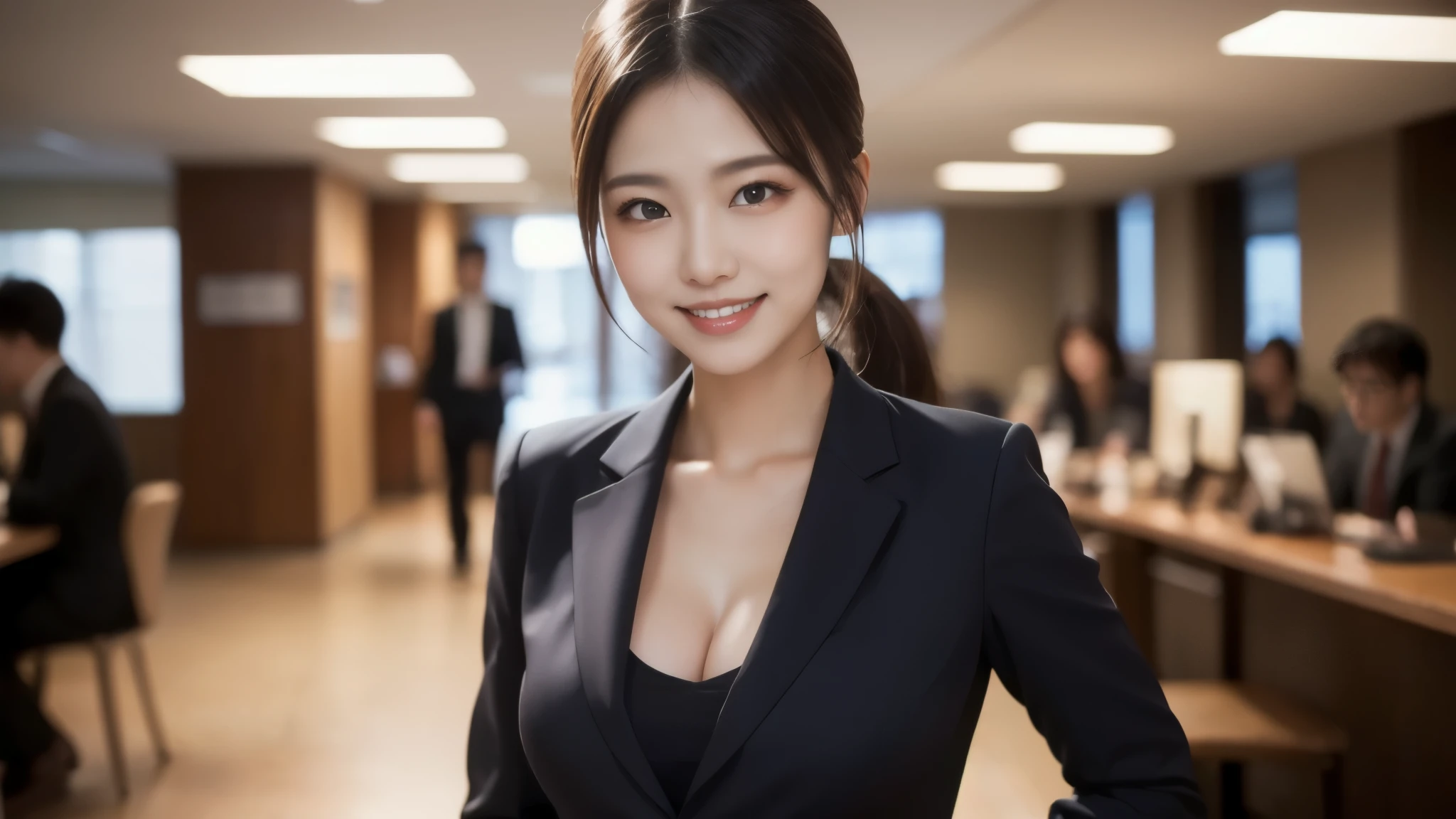 8k、Best Quality、Ultra Wide Angle Monofocal Lens 、(Representative Works:1.2)、(Real)、(Real:1.37)、Ultra-fine、One Young Woman 、Beautiful teeth alignment、smile、Well-formed fingers、 ponytail、 office、(suit)、Big Breasts、 Perfect Body 、 Perfect Fingers、Beautiful Skin、Professional Lighting、Face and skin details、Microparticles、RAW Photos