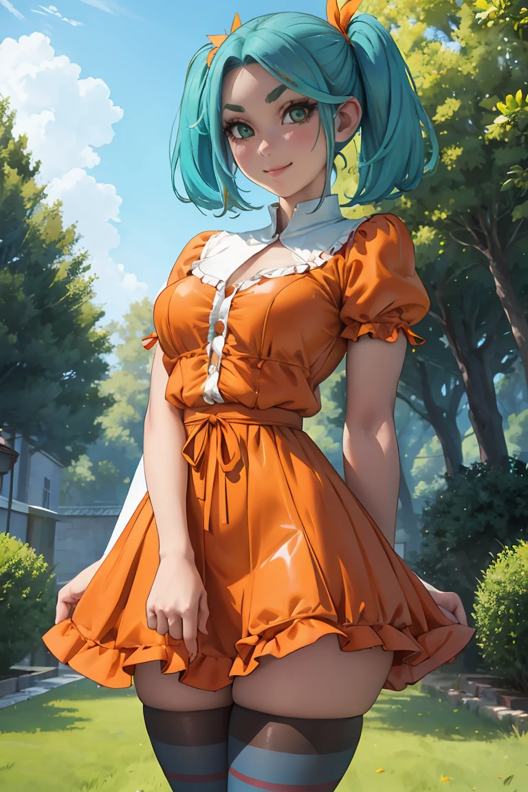 1 girl, standing alone, gazing at viewer,
ononokiyotsugi, water hair, shorth hair, greeneyes, twintails, Thick eyebrows, 
striped pantyhose, blue and gray pantyhose, Clear latex, Vestindo tecidos transparent  (nsfw), highest fabric material, 8k performance of fabric, rendering by physics engine calculations)::1.96. (high qualiy, detailed CG art), (beautiful lighting and shadow, floating effect) ,orange dress, white frills, ha, puff sleeves, manga curta, transparent, degree of transparency 80%) ,he used to smile , adorable face , cowboy shot, About KelvinHiuArt ,flat-colors, ,Contour,
Garden, trees, close up,
unexpressive, cloused mouth,