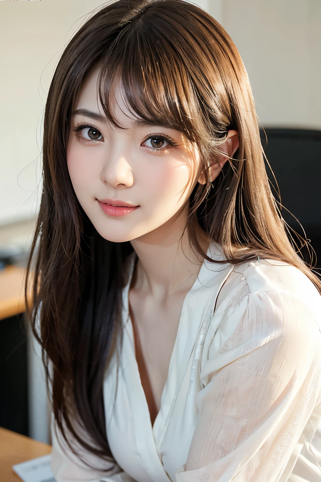 (超 Kampala,4K, very detailed , Unvolume Photos , 8k,  Kampala,  Kampala,  absurd:1.2),23 year old Japanese woman,teacher, Beautiful Character Design, Depictions of eyes drawn in beautiful detail, perfect face, Expressive eyes , Brown Eyes ,Natural smile, white blouse,At the office,Daytime,(face:1.0)