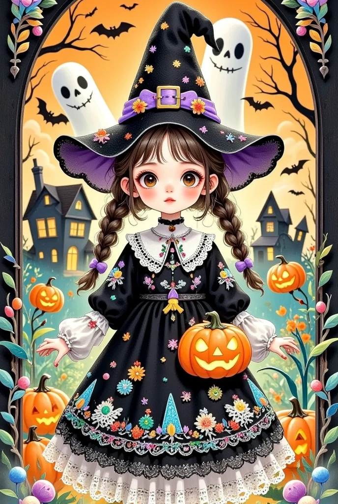  Martin Modern Illustration ,Cover Art,
 Larger text “Halloween” on the top of the cover,
 Colourful Halloween Scary Coloring Page ,  actual ,  detailed, 8K, Adobe Illustrator, detailed 8K(8K),。 a cartoon girl in a witch costume，cartoon girl in a witch costume with pumpkins and candy in her hands , Digital Art by Kanbun Master, tumblr, Digital Art, Witch Girl,  Halloween art style , Bright witch, Halloween style, portrait of a young Witch Girl, Trick or Treat, Candy Girl, Lovely detailed Digital Art,  Brightly colored illustrations , Halloween theme, Witch clothes, Witch fairy tale, 🍂 Lovely