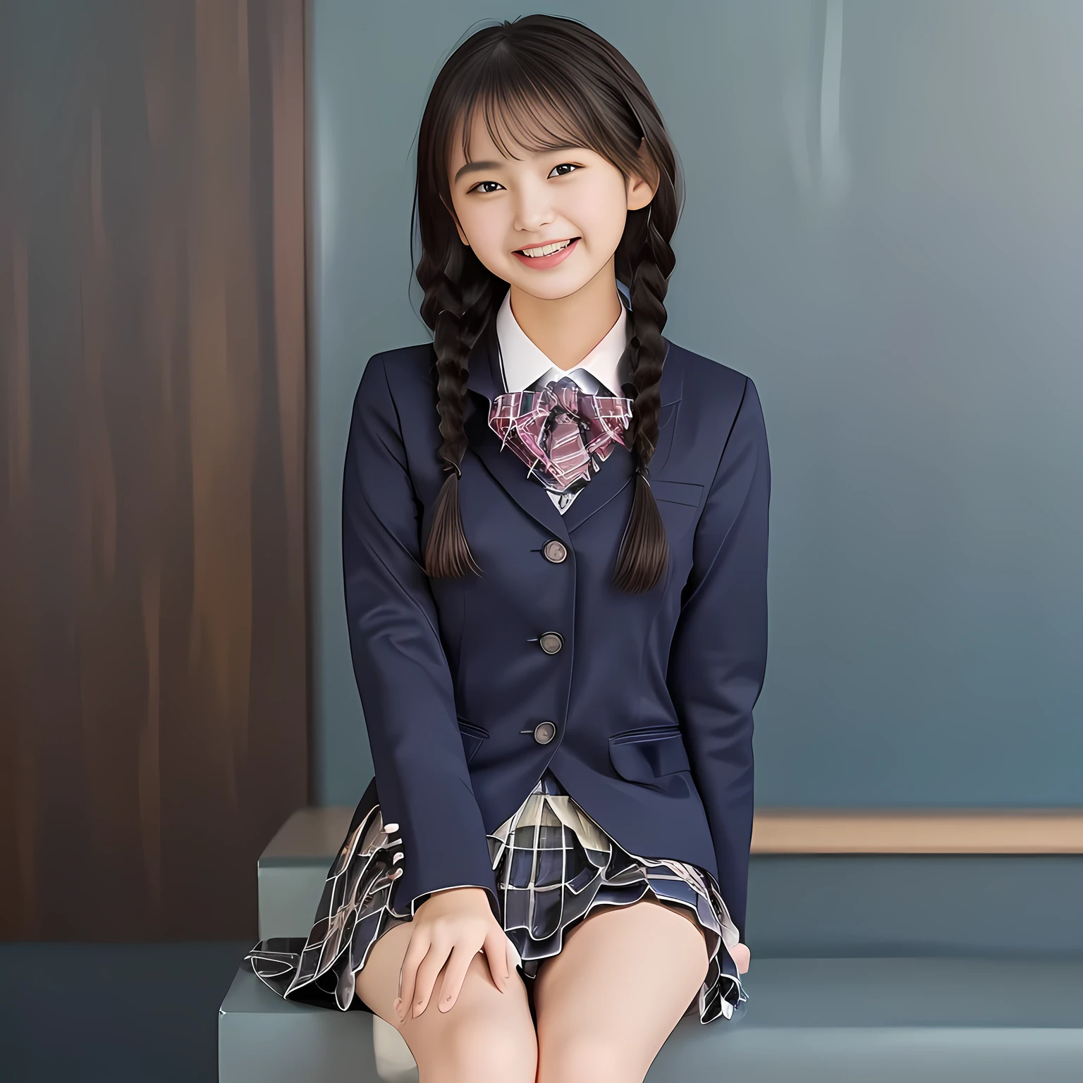 (Highest quality, masterpiece:1.2), Highest quality, High resolution, 1080P, 8k, (A noble, graceful and **** Japanese young long hair lady who have a best proportion are seated giggling at me with extreme beatitude, laughing and posing like a fashion model of Japanese uniform promotion, using face-whitening cosmetics: 1.5), (Well-balanced, intelligent, drooping, double-eyelids, brown shiny large eyes with detailed make me feel her intelligence: 1.5), (Navy colored school blazer, blue-colored pleated school blue-and-dark-blue-and-cyan-tartan-checkered plaid-skirt: 1.5), (Plain blue school ribbon on the mature breast), (Girl whom everyone loves because of her beauty and beautiful eyes and lovely fashion and noble manner and magic-charm of succubus), (Very beautiful, glossy, cutely super-super-long straight gorgeous rich black hair, twin braids: 1.3), (Drives me crazy for their neat blue-plaid-skirts and Make me fall into their skirts), (plain blue background: 1.6), (Best style like a **** fashion model, mature breast), ((Completely balanced beautiful eyes)), ((Completely balanced beautiful eyes)), (Eyes, face and hair are especially beautifully detailed and beautifully drawn: 1.5), (Satisfactory best shot by professional famous women's photographer: 1.5)