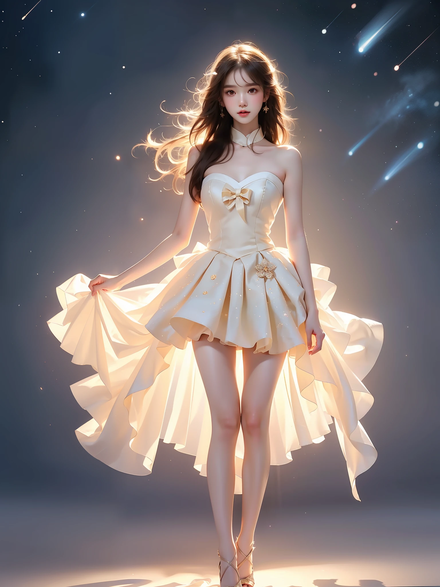 strapless dress,bow, yellow dress,white thighhighs,blue ribbon, ,((full body)), (Asian beauty: 1.3), girl, solo, (toned body: 1.2) (naturally large breasts: 1.1), (visible cleavage: 0.8) (smooth flawless skin: 1.2), (perfect anatomical proportions: 1.3) (Naturally comfortable posture: 1.4) (anatomically correct legs: 1.3), (elegantly long legs: 1.3) 1.1) Hands gently lift the skirt (detailed features: 1.2), (big bright eyes: 1.1), (long eyelashes: 1.1) charming smile, gentle and confident expression Head slightly tilted long flowing hair (night scene: 1.1), (starry sky: 1.0), (space background: 0.9) (professional soft light: 1.2), (warm tone: 1.1) (Masterpiece: 1.4), (Super Detail: 1.3), (Sharp focus: 1.2) (Realistic: 1.2), (Hi-Fi: 1.1)