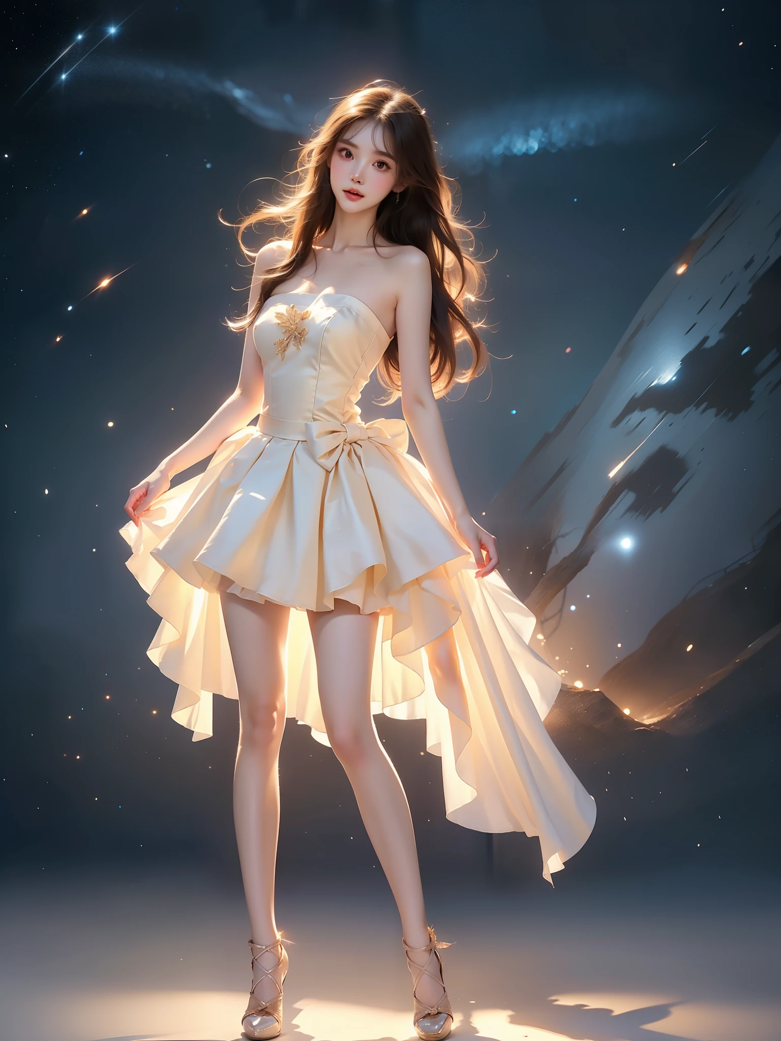 strapless dress,bow, yellow dress,white thighhighs,blue ribbon, ,((full body)), (Asian beauty: 1.3), girl, solo, (toned body: 1.2) (naturally large breasts: 1.1), (visible cleavage: 0.8) (smooth flawless skin: 1.2), (perfect anatomical proportions: 1.3) (Naturally comfortable posture: 1.4) (anatomically correct legs: 1.3), (elegantly long legs: 1.3) 1.1) Hands gently lift the skirt (detailed features: 1.2), (big bright eyes: 1.1), (long eyelashes: 1.1) charming smile, gentle and confident expression Head slightly tilted long flowing hair (night scene: 1.1), (starry sky: 1.0), (space background: 0.9) (professional soft light: 1.2), (warm tone: 1.1) (Masterpiece: 1.4), (Super Detail: 1.3), (Sharp focus: 1.2) (Realistic: 1.2), (Hi-Fi: 1.1)