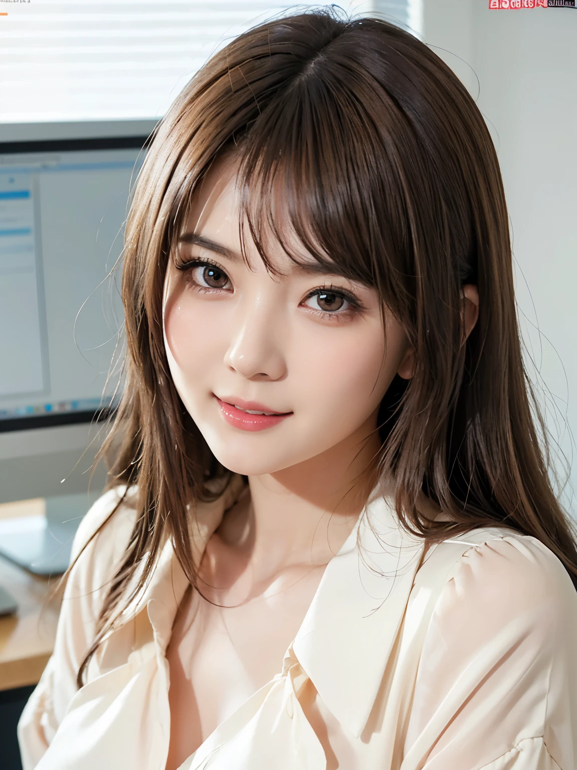 (超 Kampala,4K, very detailed , Unvolume Photos , 8k,  Kampala,  Kampala,  absurd:1.2),23 year old Japanese woman,teacher, Beautiful Character Design, beautiful detailed depiction of eyes, perfect face, Expressive eyes , Brown Eyes ,Natural smile, white blouse,At the office,Daytime,(face:1.0)