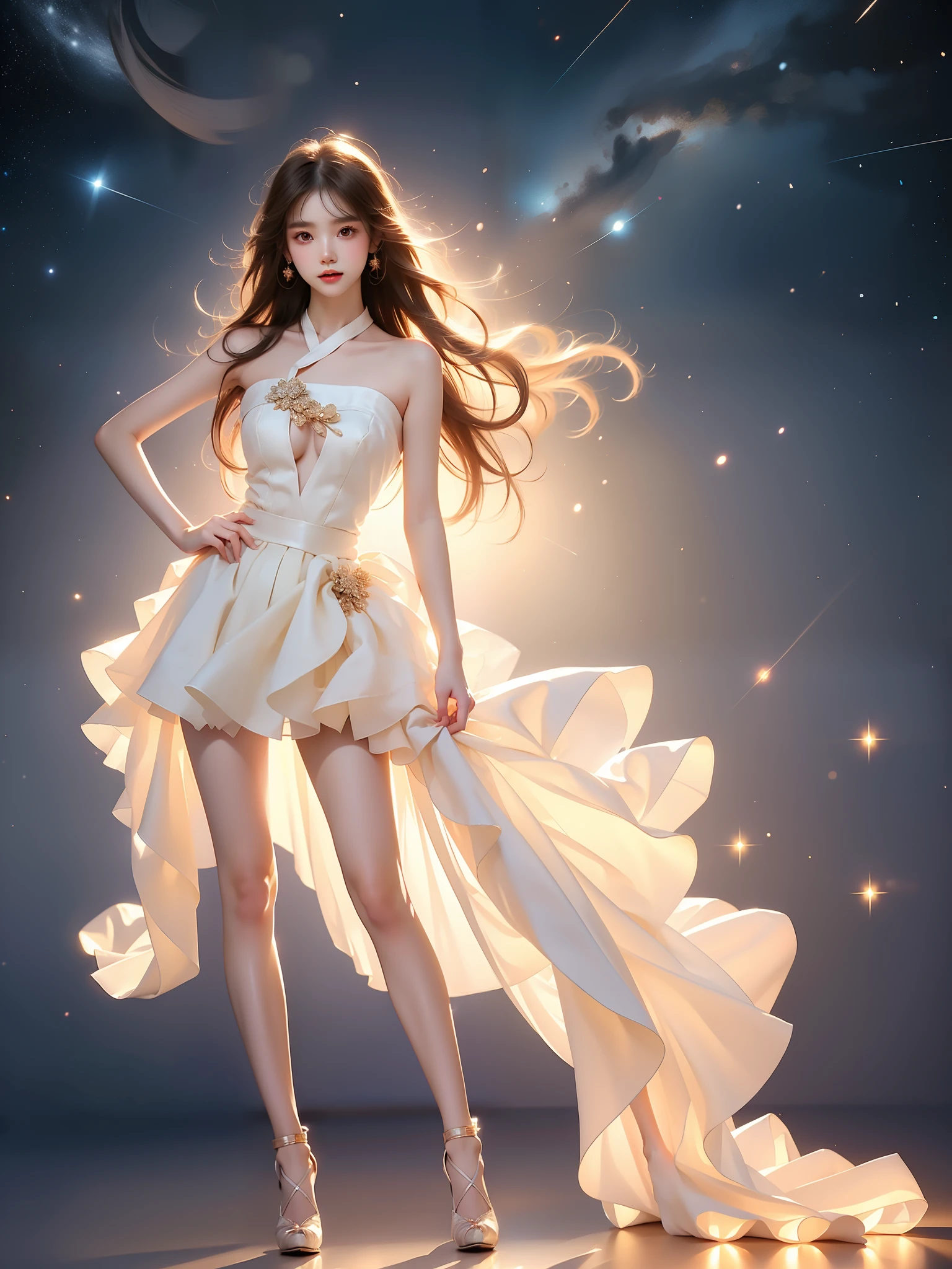 strapless dress,bow, yellow dress,white thighhighs,blue ribbon, ,((full body)), (Asian beauty: 1.3), girl, solo, (toned body: 1.2) (naturally large breasts: 1.1), (visible cleavage: 0.8) (smooth flawless skin: 1.2), (perfect anatomical proportions: 1.3) (Naturally comfortable posture: 1.4) (anatomically correct legs: 1.3), (elegantly long legs: 1.3) 1.1) Hands gently lift the skirt (detailed features: 1.2), (big bright eyes: 1.1), (long eyelashes: 1.1) charming smile, gentle and confident expression Head slightly tilted long flowing hair (night scene: 1.1), (starry sky: 1.0), (space background: 0.9) (professional soft light: 1.2), (warm tone: 1.1) (Masterpiece: 1.4), (Super Detail: 1.3), (Sharp focus: 1.2) (Realistic: 1.2), (Hi-Fi: 1.1)