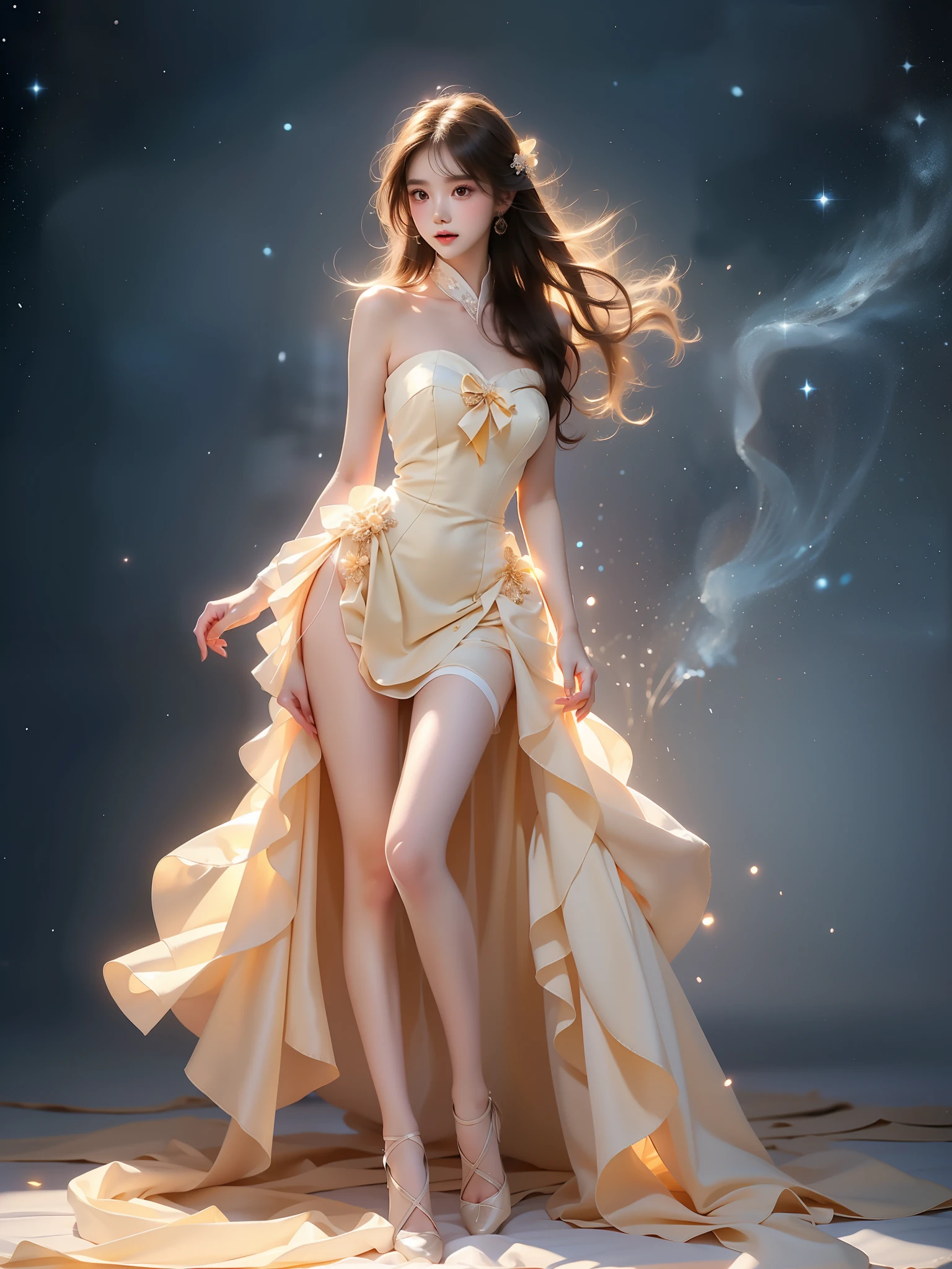 strapless dress,bow, yellow dress,white thighhighs,blue ribbon, ,((full body)), (Asian beauty: 1.3), girl, solo, (toned body: 1.2) (naturally large breasts: 1.1), (visible cleavage: 0.8) (smooth flawless skin: 1.2), (perfect anatomical proportions: 1.3) (Naturally comfortable posture: 1.4) (anatomically correct legs: 1.3), (elegantly long legs: 1.3) 1.1) Hands gently lift the skirt (detailed features: 1.2), (big bright eyes: 1.1), (long eyelashes: 1.1) charming smile, gentle and confident expression Head slightly tilted long flowing hair (night scene: 1.1), (starry sky: 1.0), (space background: 0.9) (professional soft light: 1.2), (warm tone: 1.1) (Masterpiece: 1.4), (Super Detail: 1.3), (Sharp focus: 1.2) (Realistic: 1.2), (Hi-Fi: 1.1)