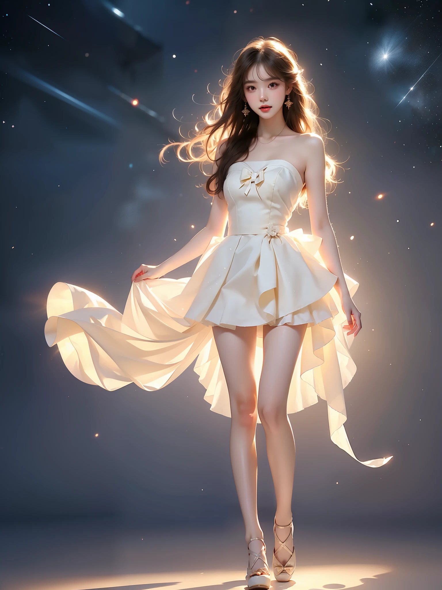 strapless dress,bow, yellow dress,white thighhighs,blue ribbon, ,((full body)), (Asian beauty: 1.3), girl, solo, (toned body: 1.2) (naturally large breasts: 1.1), (visible cleavage: 0.8) (smooth flawless skin: 1.2), (perfect anatomical proportions: 1.3) (Naturally comfortable posture: 1.4) (anatomically correct legs: 1.3), (elegantly long legs: 1.3) 1.1) Hands gently lift the skirt (detailed features: 1.2), (big bright eyes: 1.1), (long eyelashes: 1.1) charming smile, gentle and confident expression Head slightly tilted long flowing hair (night scene: 1.1), (starry sky: 1.0), (space background: 0.9) (professional soft light: 1.2), (warm tone: 1.1) (Masterpiece: 1.4), (Super Detail: 1.3), (Sharp focus: 1.2) (Realistic: 1.2), (Hi-Fi: 1.1)