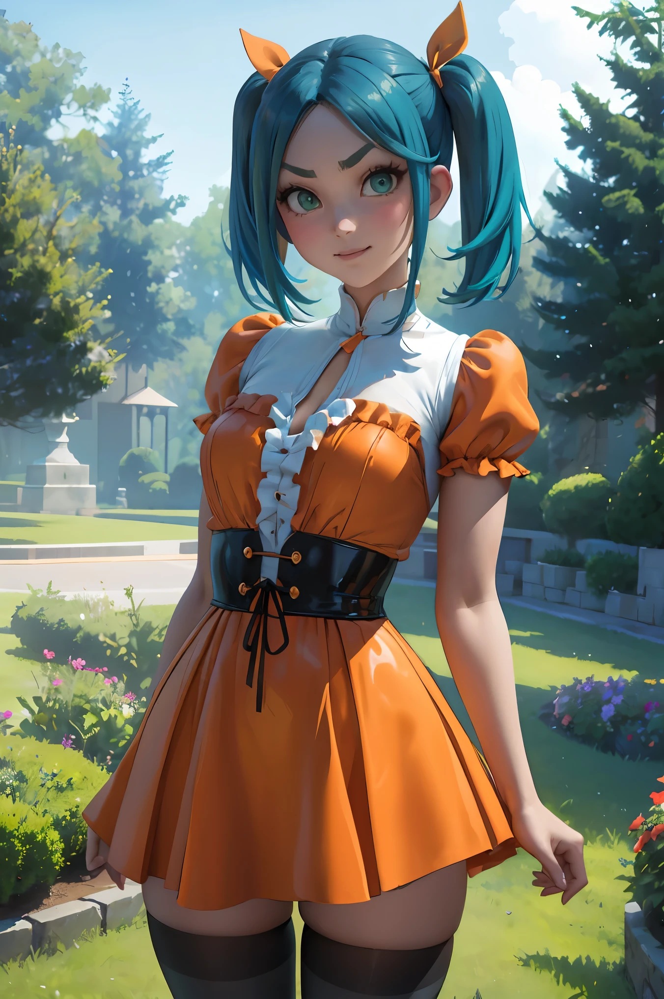 1 girl, standing alone, gazing at viewer,
ononokiyotsugi, water hair, shorth hair, greeneyes, twintails, Thick eyebrows, 
striped pantyhose, blue and gray pantyhose, Clear latex, Vestindo tecidos transparent  (nsfw), highest fabric material, 8k performance of fabric, rendering by physics engine calculations)::1.96. (high qualiy, detailed CG art), (beautiful lighting and shadow, floating effect) ,orange dress, white frills, ha, puff sleeves, manga curta, transparent, degree of transparency 80%) ,he used to smile , adorable face , cowboy shot, About KelvinHiuArt ,flat-colors, ,Contour,
Garden, trees, close up,
unexpressive, cloused mouth,