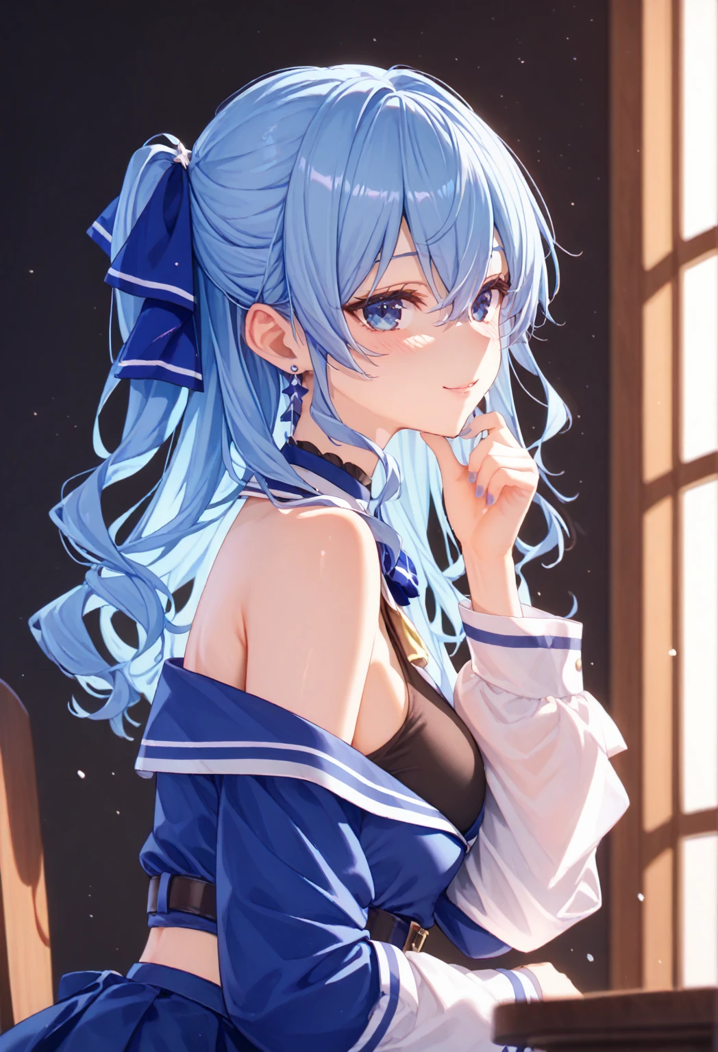 focus,Top image quality,high resolution,masterpiece,masterpiece,Beautiful CG illustrations,Delicate facial features,Stunning facial depiction,Water blue hair,Water blue eyes,Meticulous eye depiction,wearing top hat,Half body,sit,body symmetrical,Body lying on the table