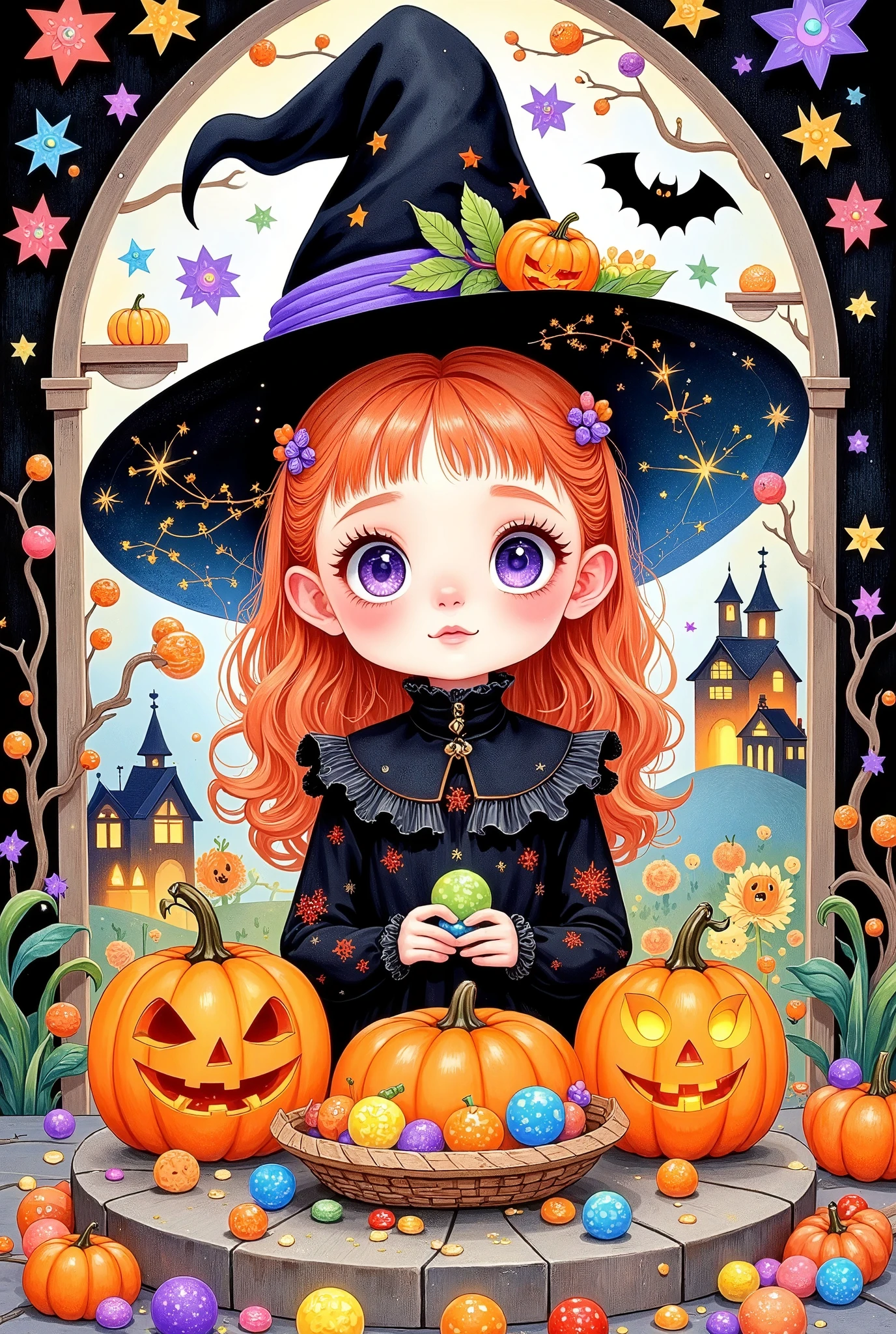  Martin Modern Illustration ,Cover Art,
 Larger text “Halloween” on the top of the cover,
 Colourful Halloween Scary Coloring Page ,  actual ,  detailed, 8K, Adobe Illustrator, detailed 8K(8K),。 a cartoon girl in a witch costume，cartoon girl in a witch costume with pumpkins and candy in her hands , Digital Art by Kanbun Master, tumblr, Digital Art, Witch Girl,  Halloween art style , Bright witch, Halloween style, portrait of a young Witch Girl, Trick or Treat, Candy Girl, Lovely detailed Digital Art,  Brightly colored illustrations , Halloween theme, Witch clothes, Witch fairy tale, 🍂 Lovely