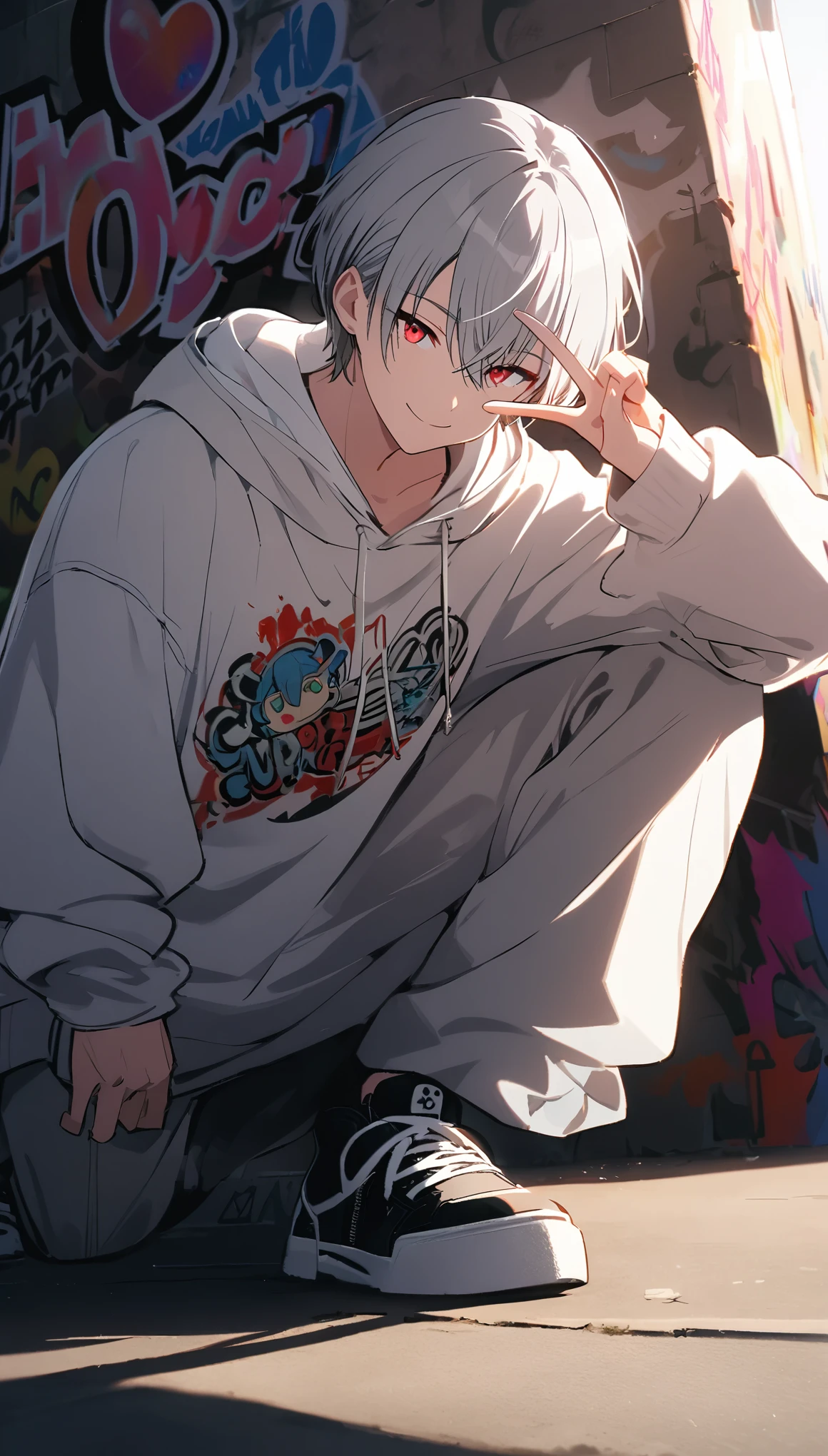 good looking, Alone, 1 male, Gray Hair, Red eyes,  Long Sleeve , white hooded hoodie, noon, White Light,cute目,Short hairstyle,cute, background with design ,hiphop background ,,bright, looking at the camera ,Making a peace sign, background with graffiti ,I'm wearing a hoodie,smile, I'm crouching,Cutesy