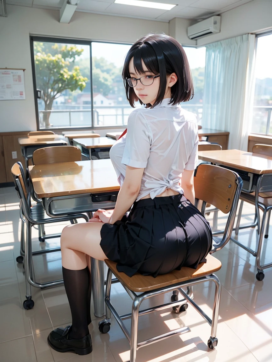      Japanese women    , , (    black short bob hair    ),   I have a plump body  ,        BLACK EYES,(   The unframed glasses shown are just pictures of the people wearing them )      (   I'm wearing a Japanese high school girl uniform  。), Big Breasts,       light green pleated skirt    ,  Lean on the back of a chair  、  Show your ass to the viewers   、  sexy poses  ,    full body shot with chain scythe on Miyazaki island  ,   rear view 、A little angry face、 classroom.   Well-balanced head and body      