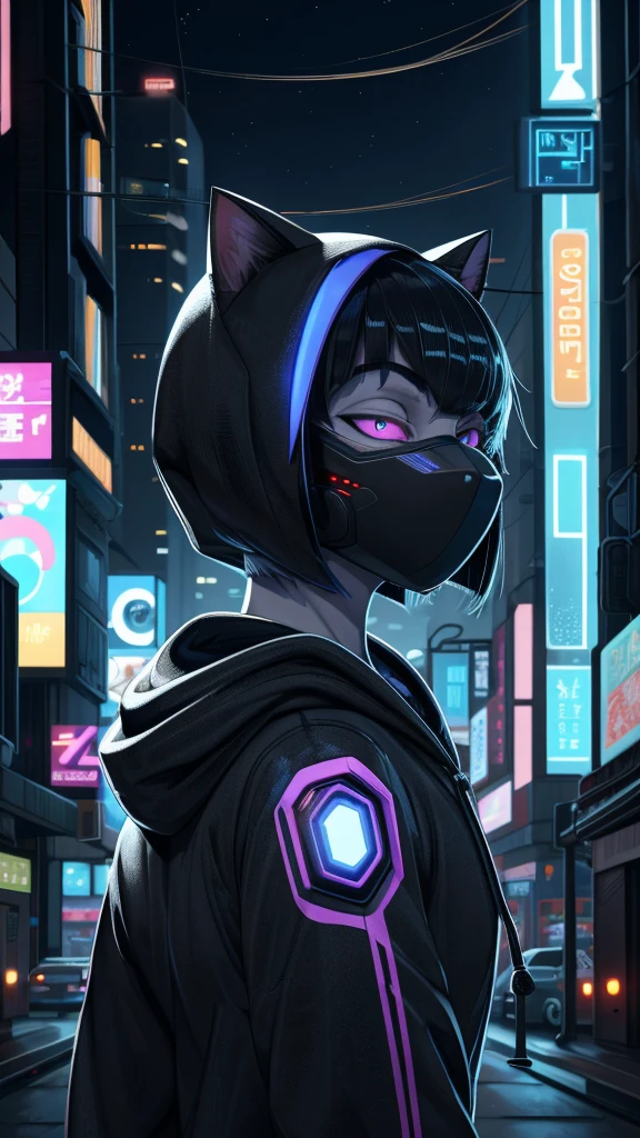 White cat,Female cat wearing a hoodie,Night City,Future City, Cyberpunk, black hoodie, Kampala,  bob cut,Shiny fur,Odd Eye,Mysterious , bust shots,delicate, Wearing a Hood ,Looking up, bob cut,The cat is wearing a mask 、Plug Suit, high detail, Turn around