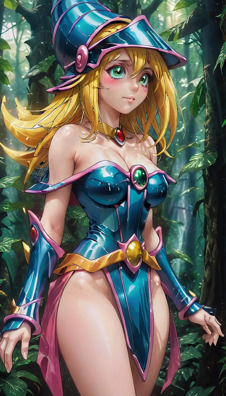 Dark Magician Girl NSFW, Glass Covered, Upper Body, Side Shot, Alternate Color, Masterpiece, Detailed Illustration, Realistic, Pixiv Top Quality, Exquisite, {{{Cute Dark Magician Girl 1}}}, Super Beauty Merging with machine, crafted shabby chic pattern, beautiful and shiny woman, half of my body is made of machine, transparent glass body, the machine inside is transparent, cinematic lighting, dynamic angle, dynamic pose, land of dragons, depth of field. Magic macaw at the bottom. Magic hearts showing your VOLUPTUOUS body, medium TITS, BEAUTIFUL, SENSUAL, BLUSHING from head to toe, WALK THROUGH a forest looking for adventure, smile sexy, blonde hair INTERACTING WITH green neon MAGIC
