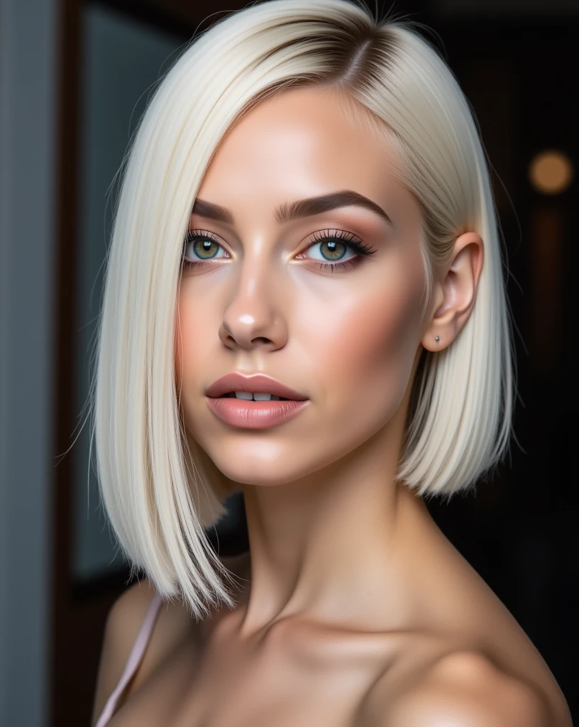 Portrait of Nexia a young italian woman with a straight asymmetrical platinum haircut: the longer side is just below her chin face, the other side is just below her ear

Image style: High-fashion editorial, ultra-sharp focus, hyper-realistic detail