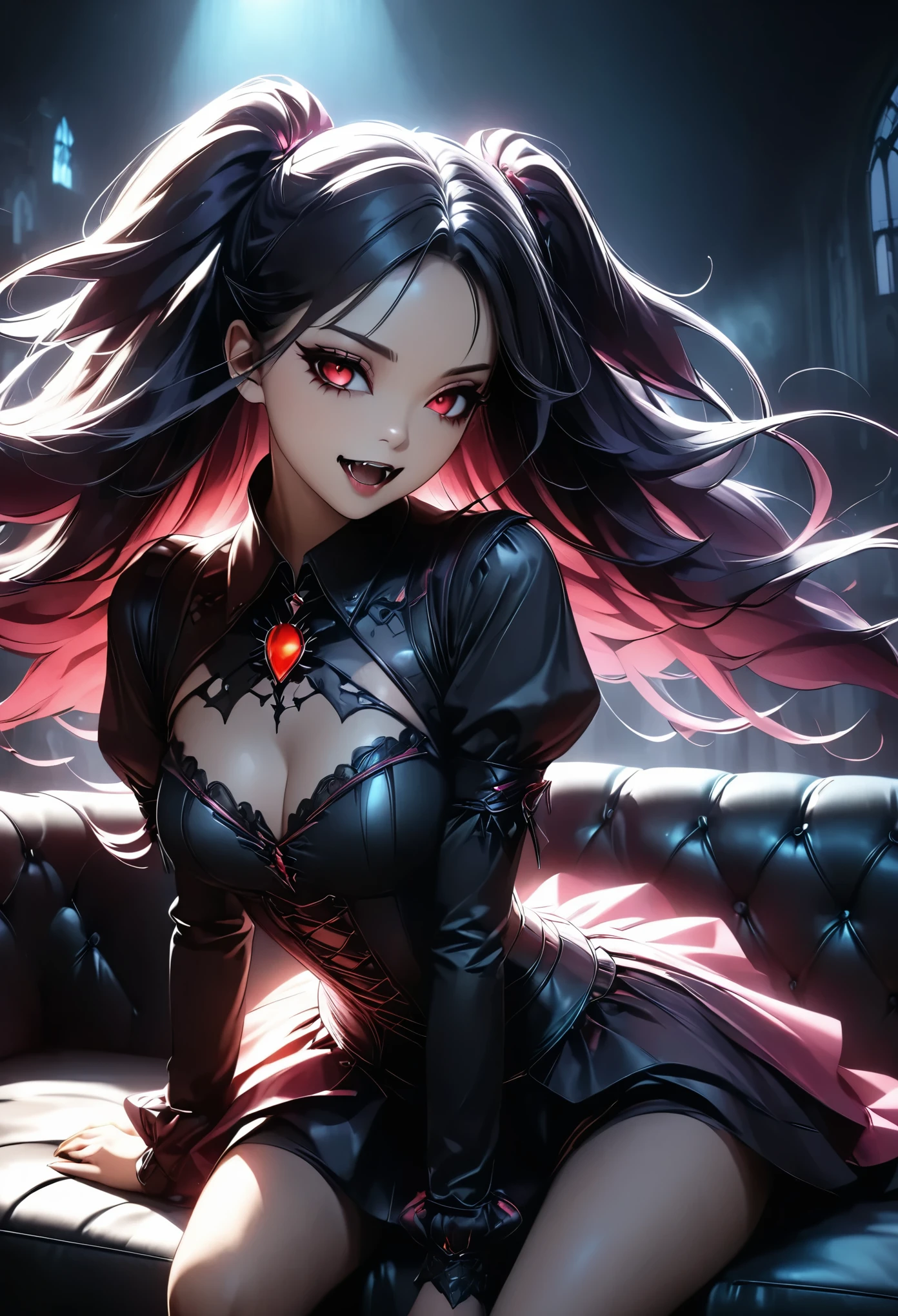 1 Female Vampire 、A wicked and beautiful monster woman、 sharp fangs、Gothic dark fantasy、 sexy poses 、 sitting on a sofa 、Dramatic lighting、Moody Movie 、 complicated details、Film composition、暗くて不機嫌なatmosphere、 Dramatic Light and Dark Lighting 、(Best Quality:1.2、 very detailed 、 super high definition、 high contrast、 anime style、 Detailed CG Illustrations 、masterpiece:1.2、Best aesthetics)、 Neon Effect:1.2、 dark fantasy、Cinematic、dramatic、atmosphere、dark、Gothic、Functional、魅惑的、Charming、 dynamic 、Powerful、strong、Impression
