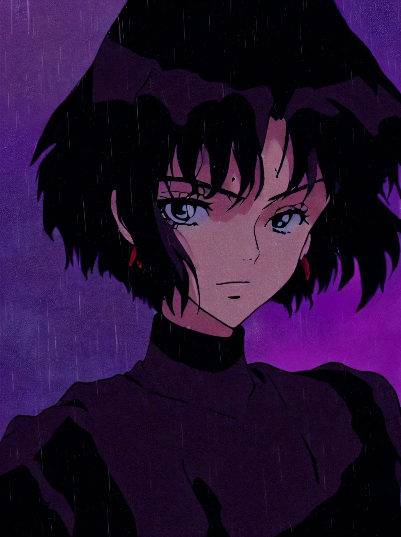 anime girl with black hair and a black top in the rain, faye valentine from cowboy bebop, 9 0 s anime aesthetic, inspired by Kusumi Morikage, 1  anime goth girl, 8 0 s anime vibe, 80s anime ova style, 1980's anime style, aeon flux style, 9 0 s anime style,smile