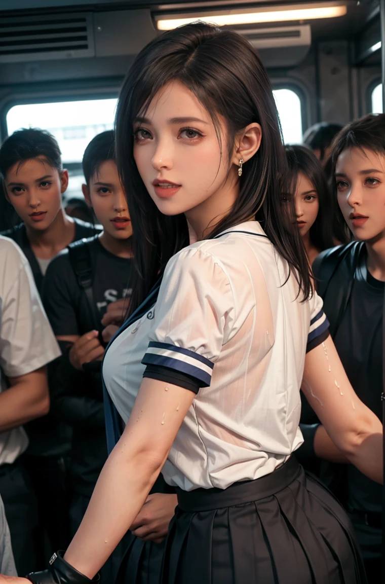 College girl and one short boy, college girl wearing sexy shiny training gear is grabbed by the boy next to her by the top of her chest (college girl in shiny truck costume, best quality, high definition, 8k, 1girl, (huge breasts :0.8), sun, bright,(satin training gear :1.8, high neck: 1.5, dark grey: 1.8 ), (bangs, side tails), (upper body: 2.5) soft lighting, wind, shiny skin, looking at the viewer, seductive expression), a boy is grabbing the top of the breast of a beautiful college girl next to him with his hand (T-shirt, shorts, grabbing the top of a woman's breasts with his hand)