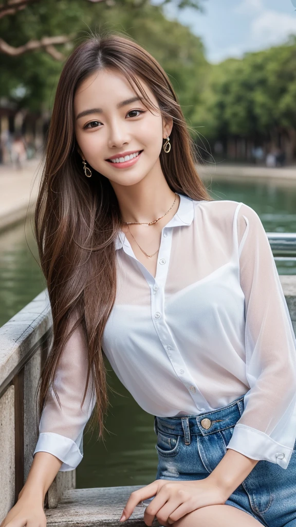 (masterpiece, Best Quality:1.1), (8k, RAW photo, Photo realistic:1.2, F22), (shiny skin), Detailed skin, Detailed face, smilee,fine grain,Long Hair, break,  The Real World, (Super detailed,  clevis),  complicated details, smile, One Girl, (shirt)、 (Overseas tourist destinations:1.4)