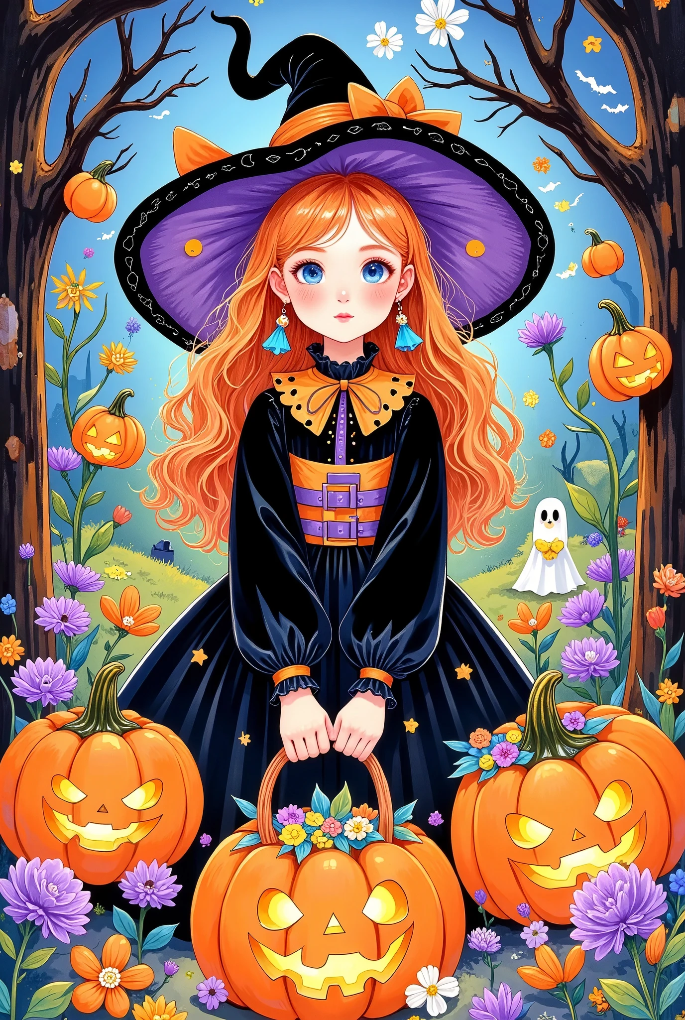  Martin Modern Illustration ,Cover Art,
 Larger text “Halloween” on the top of the cover,
 Colourful Halloween Scary Coloring Page ,  actual ,  detailed, 8K, Adobe Illustrator, detailed 8K(8K),。 a cartoon girl in a witch costume，Open your arms，, Digital Art by Kanbun Master, tumblr, Digital Art, Witch Girl,  Halloween art style , Bright witch, Halloween style, portrait of a young Witch Girl, Trick or Treat, Candy Girl, Lovely detailed Digital Art,  Brightly colored illustrations , Halloween theme, Witch clothes, Witch fairy tale, 🍂 Lovely