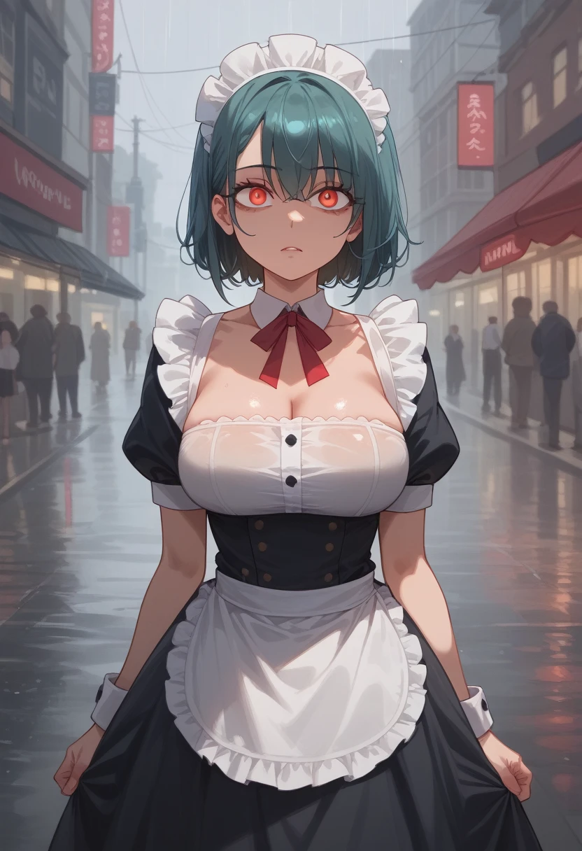 high quality、cool woman in maid outfit、 big boobs、Sharp Eye、chest、rain、City