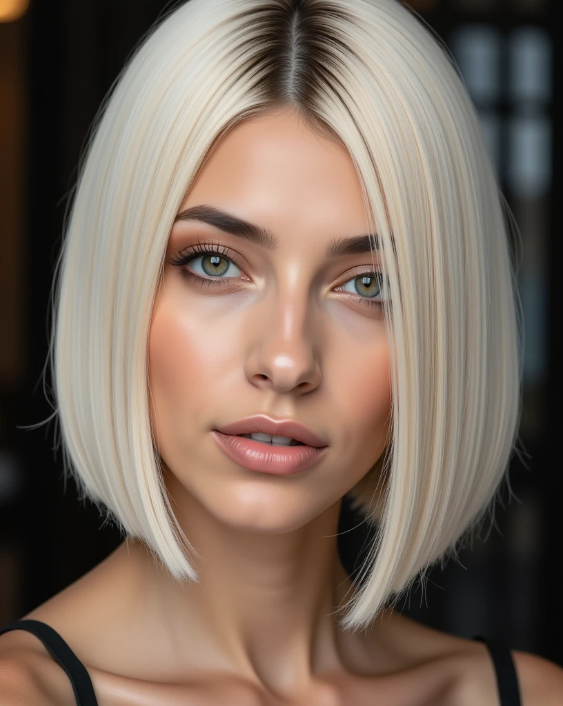 Portrait of Nexia a young italian woman with a straight asymmetrical platinum haircut: the longer side is just above her chin face, the other side is just below her ear

Image style: High-fashion editorial, ultra-sharp focus, hyper-realistic detail