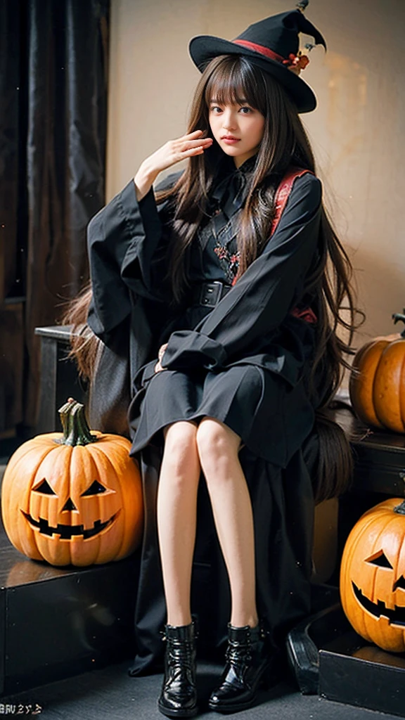 masterpiece,  best quality ,  high quality, 4K, Beautiful Japanese girl 、 junior high school student、  1 girl ,Small breasts、 Halloween Costumes,bat,Glowing Pumpkin ,Long Hair, Gray Hair, Yellow Eyes, Witch Hat 