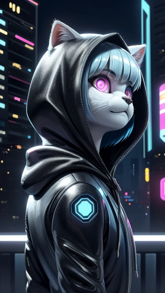 White cat,Female cat wearing a hoodie,Night City,Future City, Cyberpunk, black hoodie, Kampala,  bob cut,Shiny fur,Odd Eye,Mysterious , bust shots,delicate, Wearing a Hood ,Looking up, bob cut,Plug Suit, high detail, Turn around