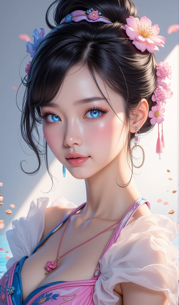  A beautiful young Korean woman .
Shimmering crystal blue eyes .
 She's dressed in a KPOP-style outfit.
simple background, seeds.
 (Anime style 32K, HDR, UHD, Intricate detail, Extremely intricate detail, Hyper-realistic, Extremely realistic, High quality, vivid color, Extremely detailed).