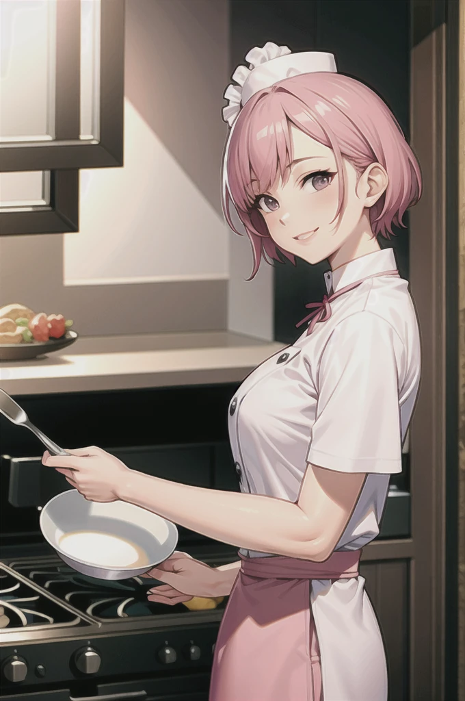 (masterpiece,  best quality ,  detailed background,  complicated details),  fancy kitchen ,  1 girl , chef, cooking, Pink Hair,short hair、 chef hat, chef uniform, smile