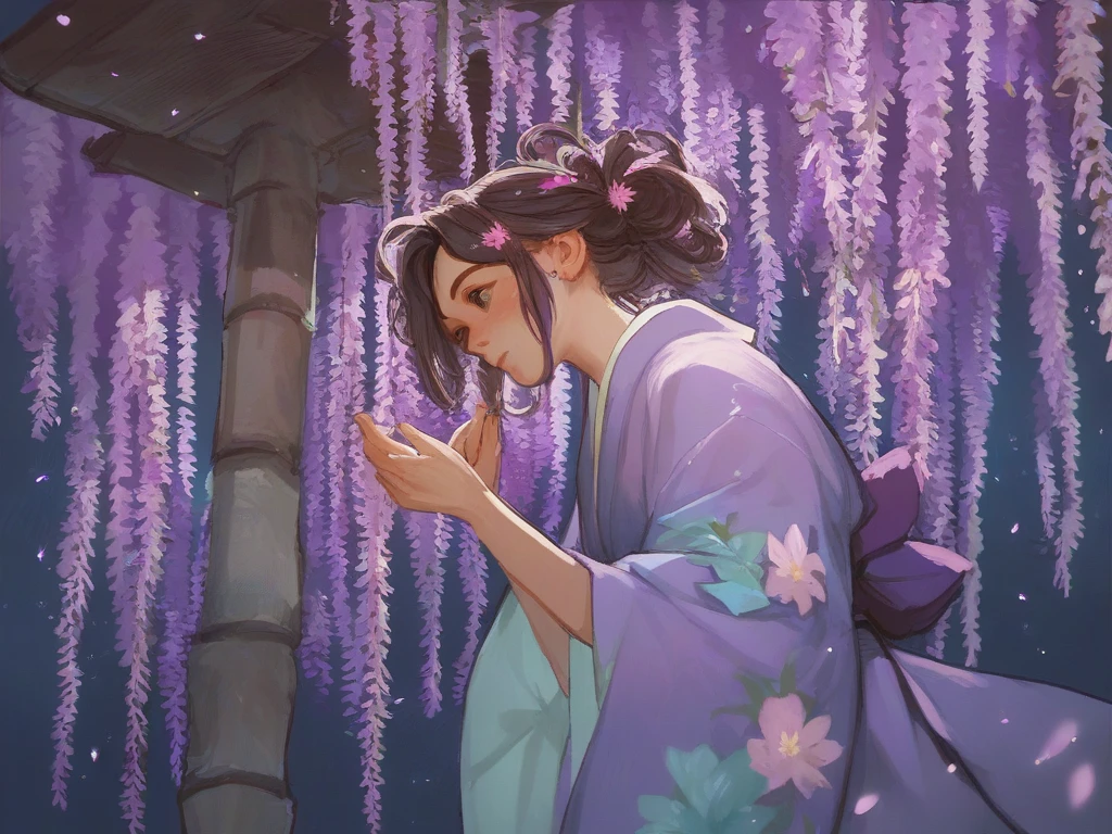 score_9,score_8_up,score_7_up,score_6_up,score_5_up, 1 woman,kimono,Wisteria flowers on one side , under a wisteria tree,Shining purple ,night, seen from afar, moving scene



