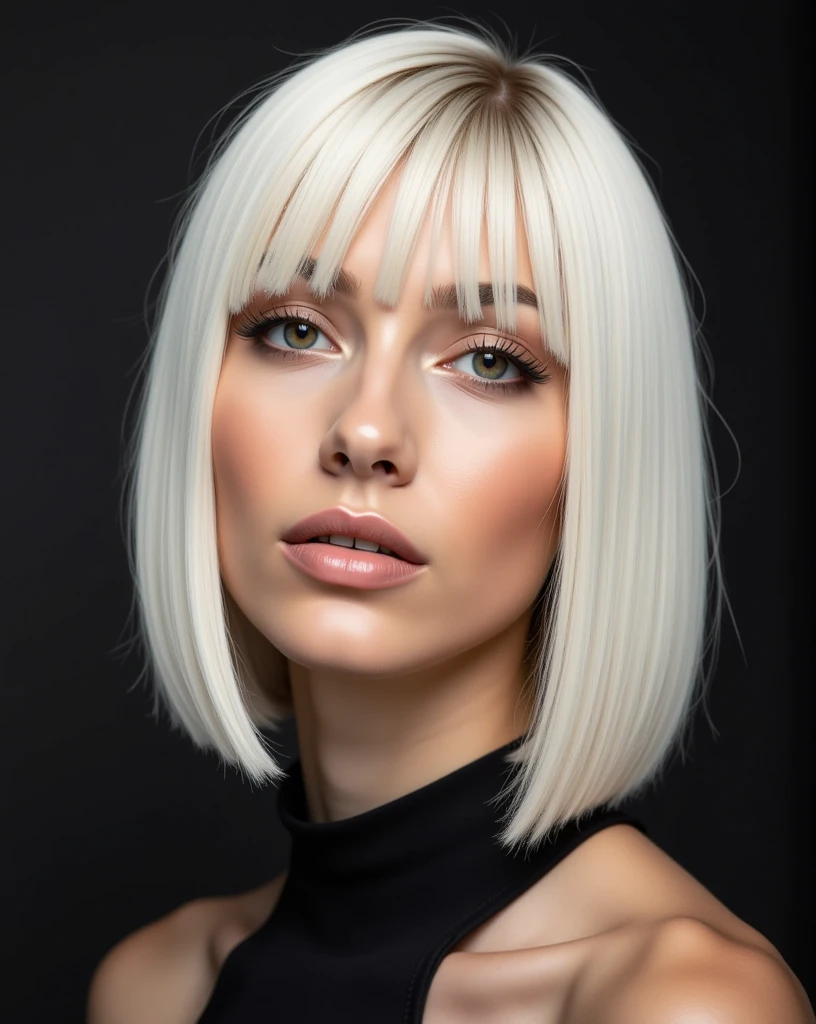 Portrait of Nexia a young italian woman with a straight asymmetrical platinum haircut: the longer side is just above her chin face, the other side is just below her ear

Image style: High-fashion editorial, ultra-sharp focus, hyper-realistic detail