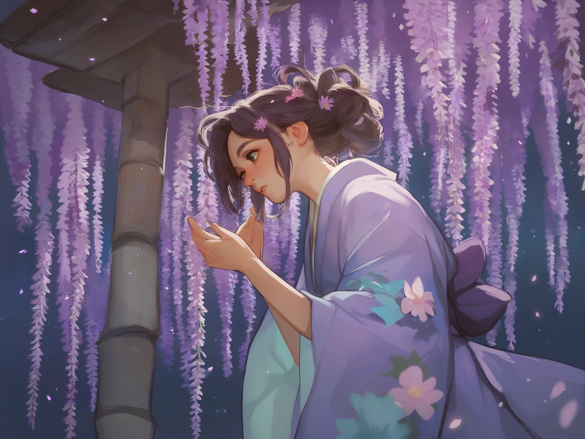 score_9,score_8_up,score_7_up,score_6_up,score_5_up, 1 woman,kimono,Wisteria flowers on one side , under a wisteria tree,Shining purple ,night, seen from afar, moving scene



