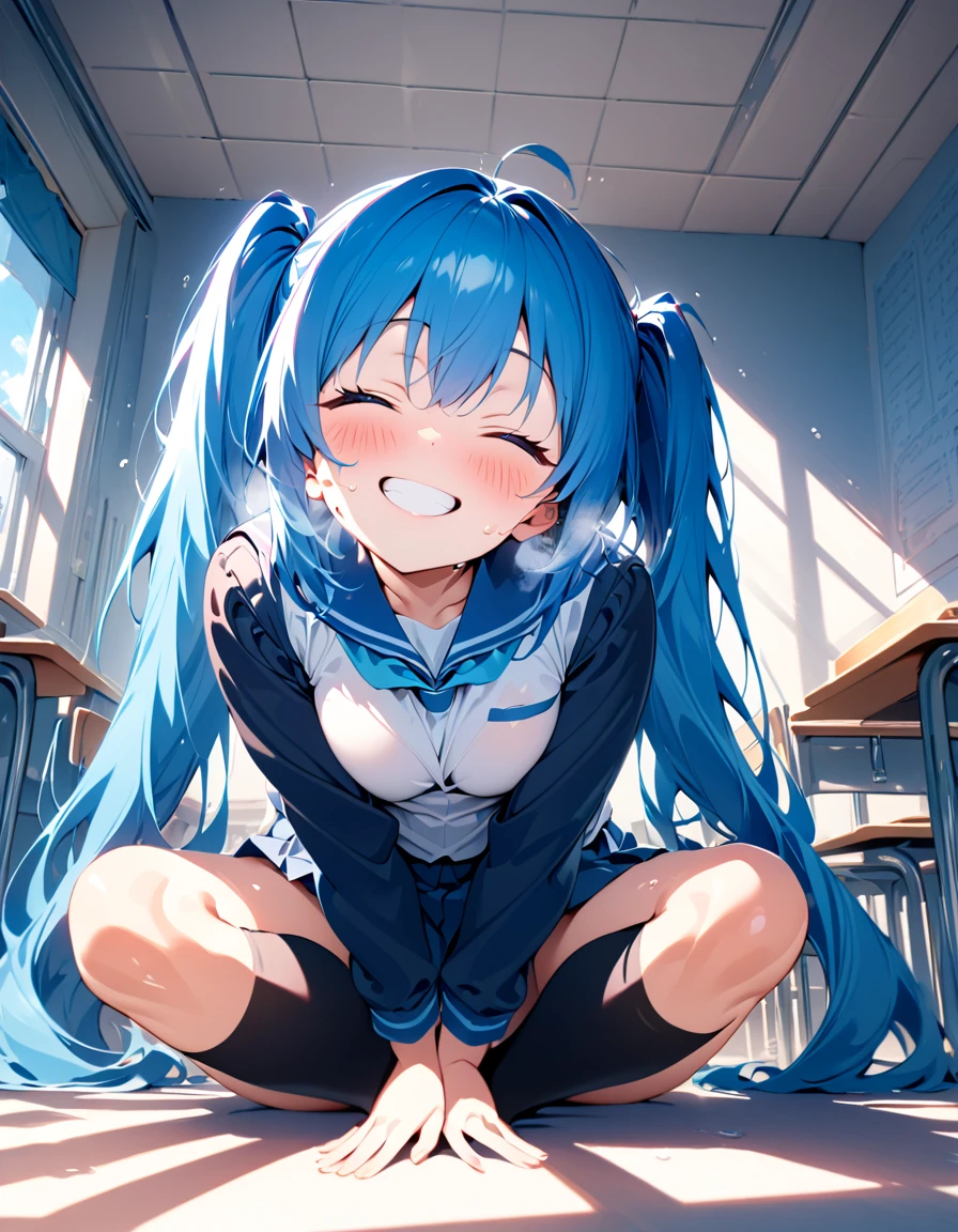 school uniform, (blushing), (Black thigh-high socks),(((indian style))), middle breasts ,(masterpiece),( best quality ),(Super detailed),(  Best Illustration),( best shadows ),(Absurd),(Detailed face),(  very aesthetic), 1 girl , excited , watching viewers,Heavy breathing, Shiny Skin ,sweat,,classroom,sitting,Daytime,happy,(good smile),cclosed eyes,Teeth are visible,(head tilt),arms between legs,grin,white teeth,full body,looking down, (from below), twintails, blue hair, blue eyes, very long hair,