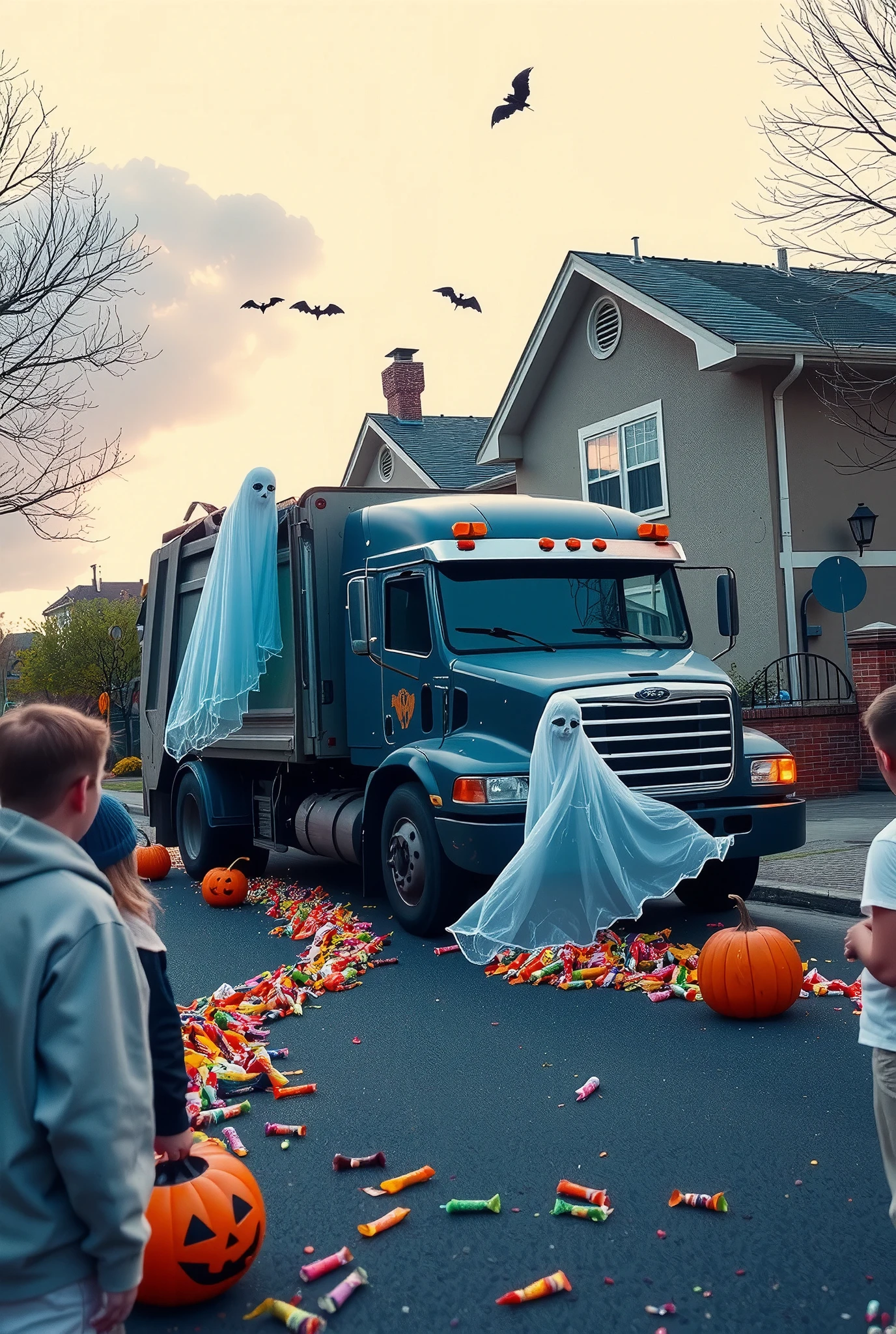 masterpiece, best quality, ultra-detailed, hyper-realistic, On a quiet suburban street, a Halloween-themed garbage truck, covered in spooky decorations and cobwebs, is making its rounds. However, the workers on this particular night are transparent ghosts, floating along as they collect bags of Halloween candy instead of trash. The hyper-realistic details of the garbage truck, from its rusted metal to the glint of the streetlights on its surface, are contrasted by the surreal sight of the ghostly crew performing their duties. Trick-or-treaters stand by the sidewalk, watching in amazement as the ghosts quietly work, leaving a trail of candy wrappers behind them.