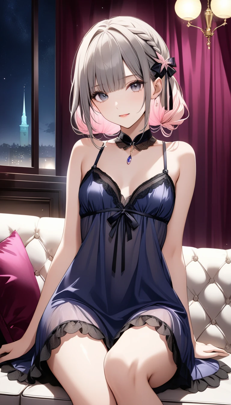 Momodeville Luke, Momodebilke,, Hair Flower, Hair Ornament, (Purple eyes:1.1), Pink hair, Short hair,,
, thighs thighs thighs thighs, BREAK looking at viewer,
Break indoors, crass room,
BREAK (masutepiece:1.2), Best Quality, High resolution, Unity 8k壁纸, (Illustration:0.8), (Beautiful detailed eyes:1.6), extra detailed face, Perfect Lighting, extremely details CG, (Perfect hands, Perfect ???????),Open legs、Best Quality), (super detailed),A smile、perfect tits、