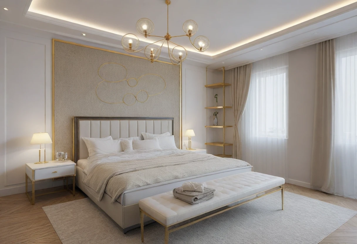 Modern bedroom design, luxurious interior, ((high resolution image, 8k, detailed anatomy of each object, rough surface, super detailed, super realistic, beautiful) spotless , surreal , spacious space , full light