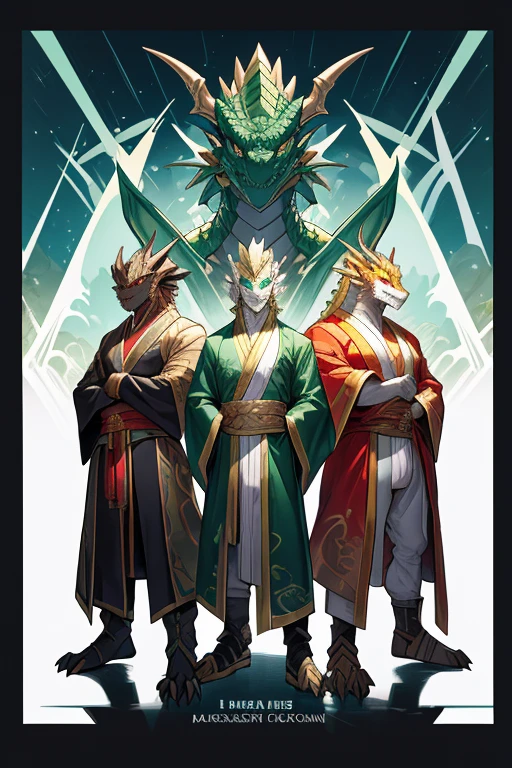 three green dragon with sunglasses and a white diaper are standing in a row, dragon-inspired cloth robes, as atlantean reptilian warriors, dragon - inspired suit, dragons, chinese dragon concept art, full body dragon concept, as an anthropomorphic dragon, ultraterrestrial dragons, by Adam Marczyński, dragon art, cgsociety 9