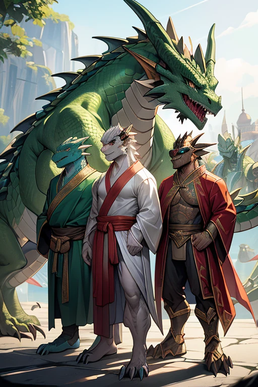 three green dragon with sunglasses and a white diaper are standing in a row, dragon-inspired cloth robes, as atlantean reptilian warriors, dragon - inspired suit, dragons, chinese dragon concept art, full body dragon concept, as an anthropomorphic dragon, ultraterrestrial dragons, by Adam Marczyński, dragon art, cgsociety 9